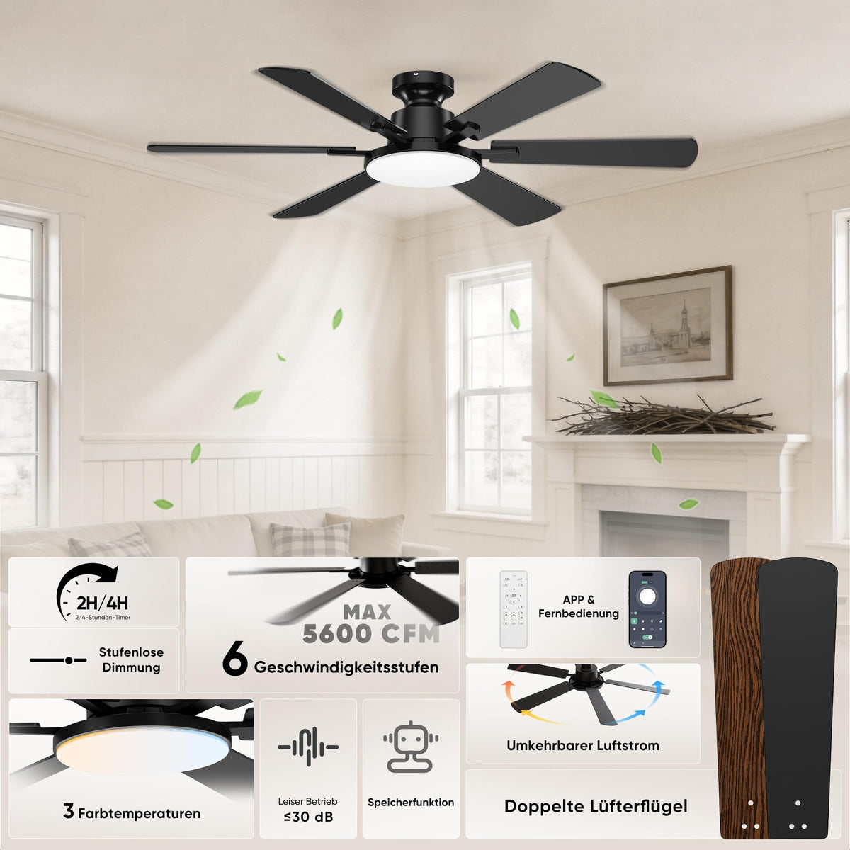 ROTTOGOON Ceiling Fan with Lighting 132cm Quiet Reversible DC Motor - CF1501