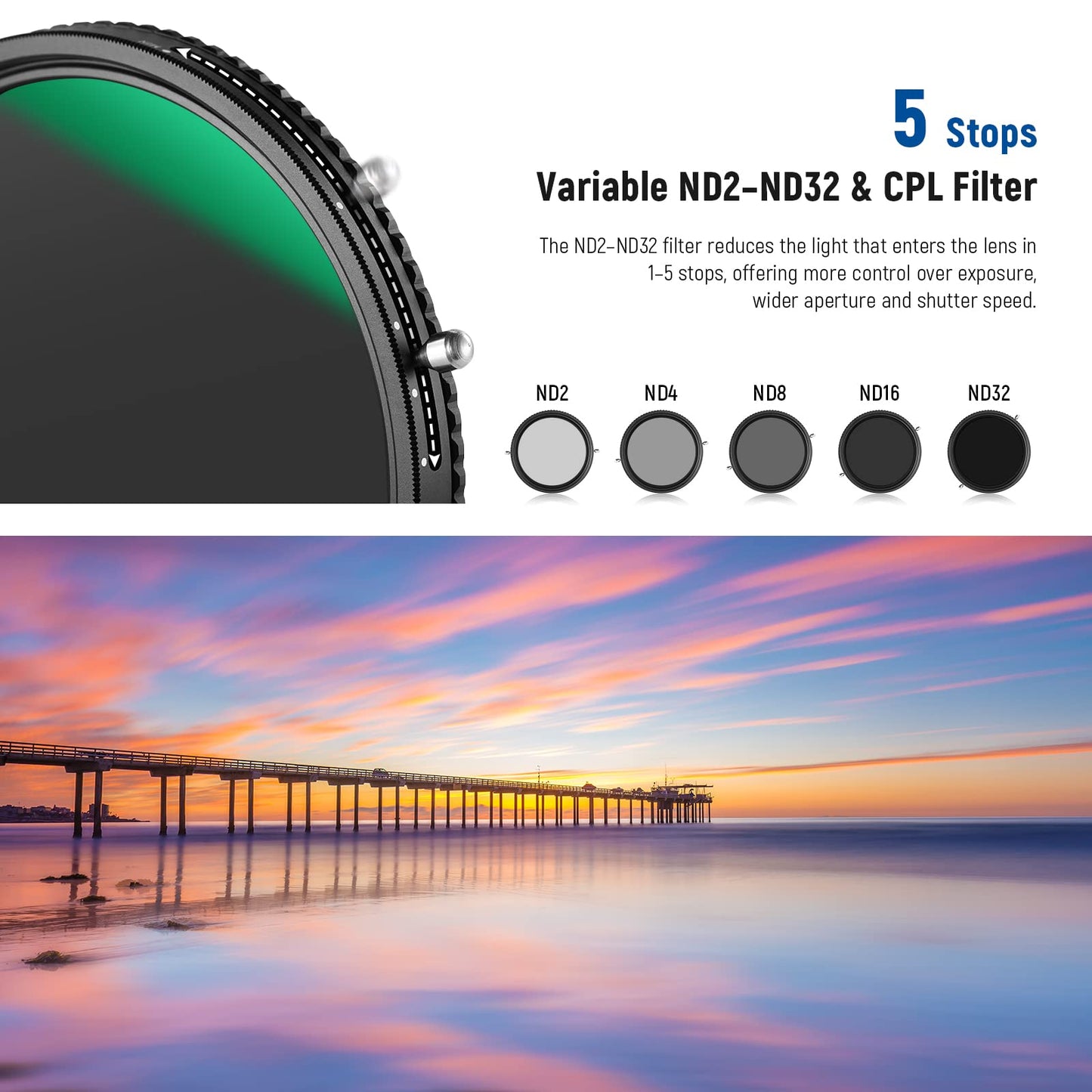 NEEWER 2 in 1 55mm Variable ND Filter ND2-ND32&CPL (Circular Polarizing Filter) No X Cross Variable Gray Filter HD Optical Glass 30 Layer Nano Coated Water-Repellent Scratch-Resistant - 10102086