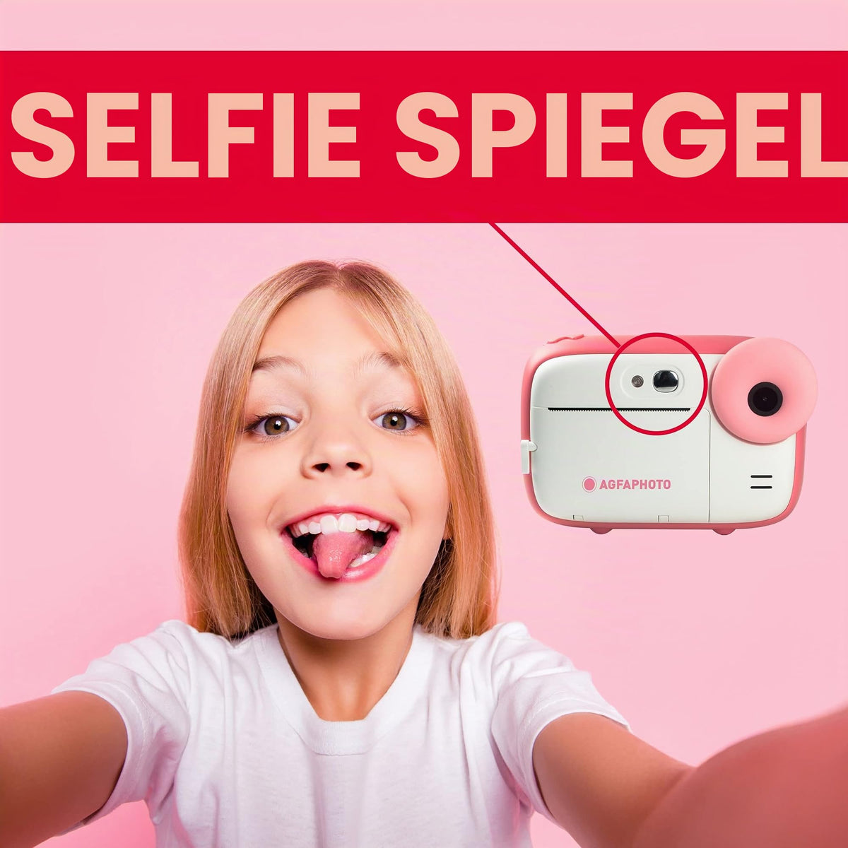 AGFA Photo Realikids Instant Cam + 3 rolls of thermal paper, ATP3WH – Instant camera for kids, 2.4-inch LCD display, lithium battery, selfie mirror, and photo filters – Pink - ARKCPK