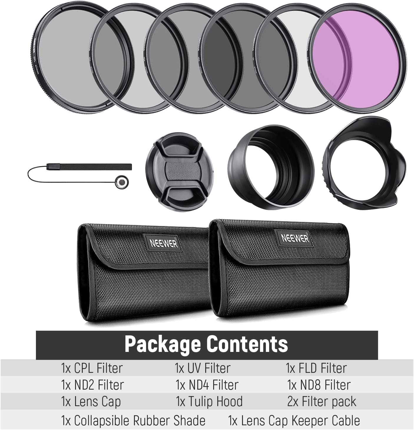NEEWER 67mm lens filter set: UV CPL, FLD, ND2 ND4 ND8, lens hood - 10083801