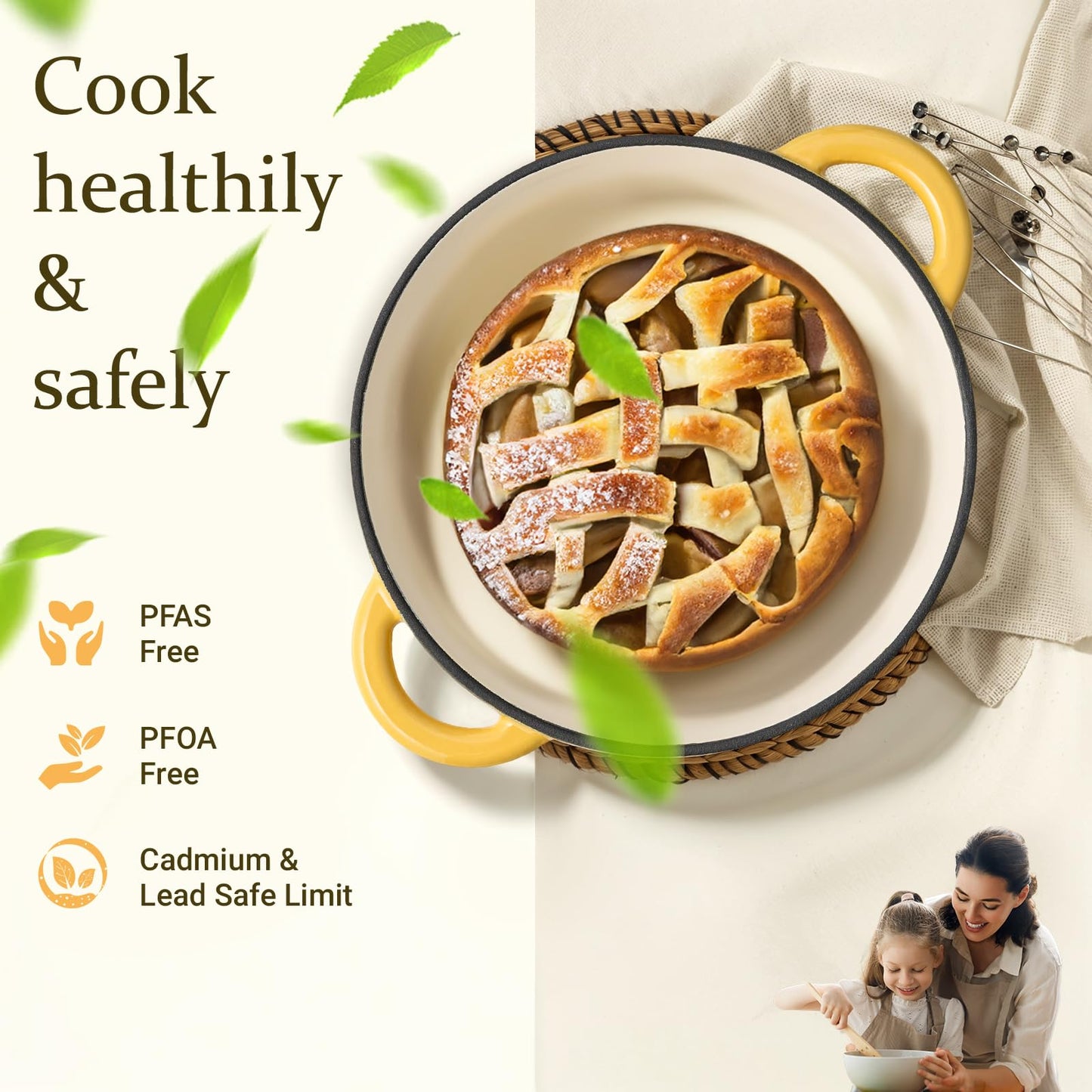 Overmont roasting pan enamel cast iron pot - casserole dish 26cm oven-safe - with lid and cookbook - for kitchen baking stewing roasting - Goose