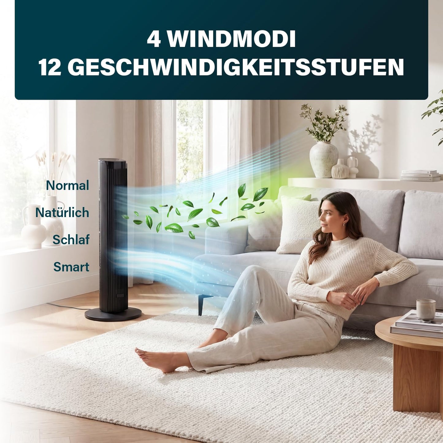 Princess Tower Fan - Elegant Design - 40 W - Powerful, Quiet, Energy Efficient - Height: 91.5 cm - Oscillating - 4 Modes - 12 Speeds - 352370 - 01.352370.01.001
