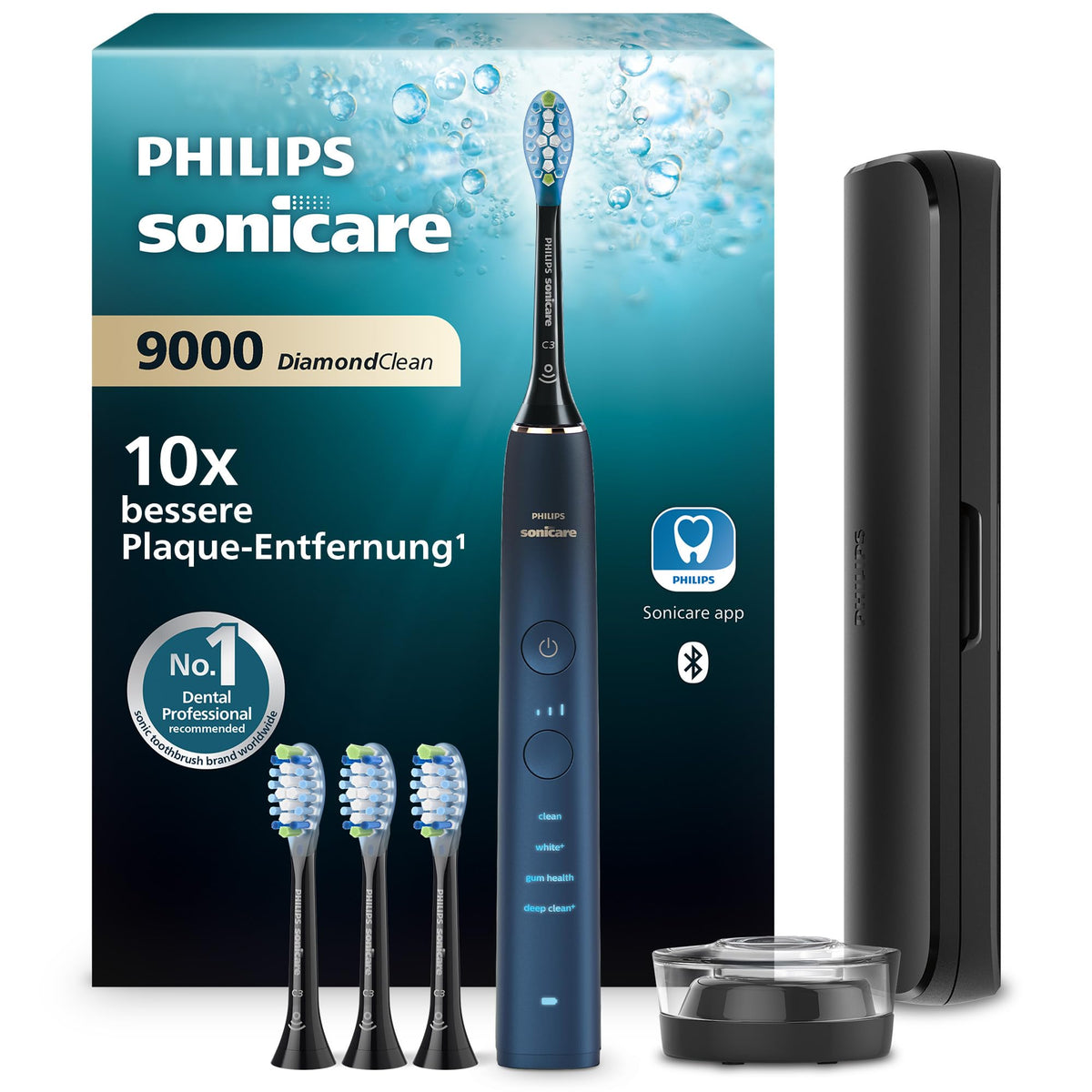 Philips Sonicare DiamondClean electric toothbrush from the 9000 series – sonic toothbrush for cleaner teeth and oral care with 4x C3 Premium Plaque Defense brush heads, Aquamarine (Model HX9911/89)