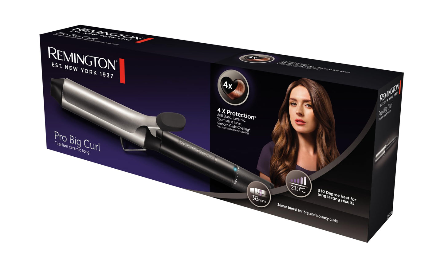 Remington curling iron large curls [38mm] Pro Big Curl (4-fold protection, anti-static ceramic tourmaline coating) digital display up to 210°C, with clamp, natural waves, black, CI5538