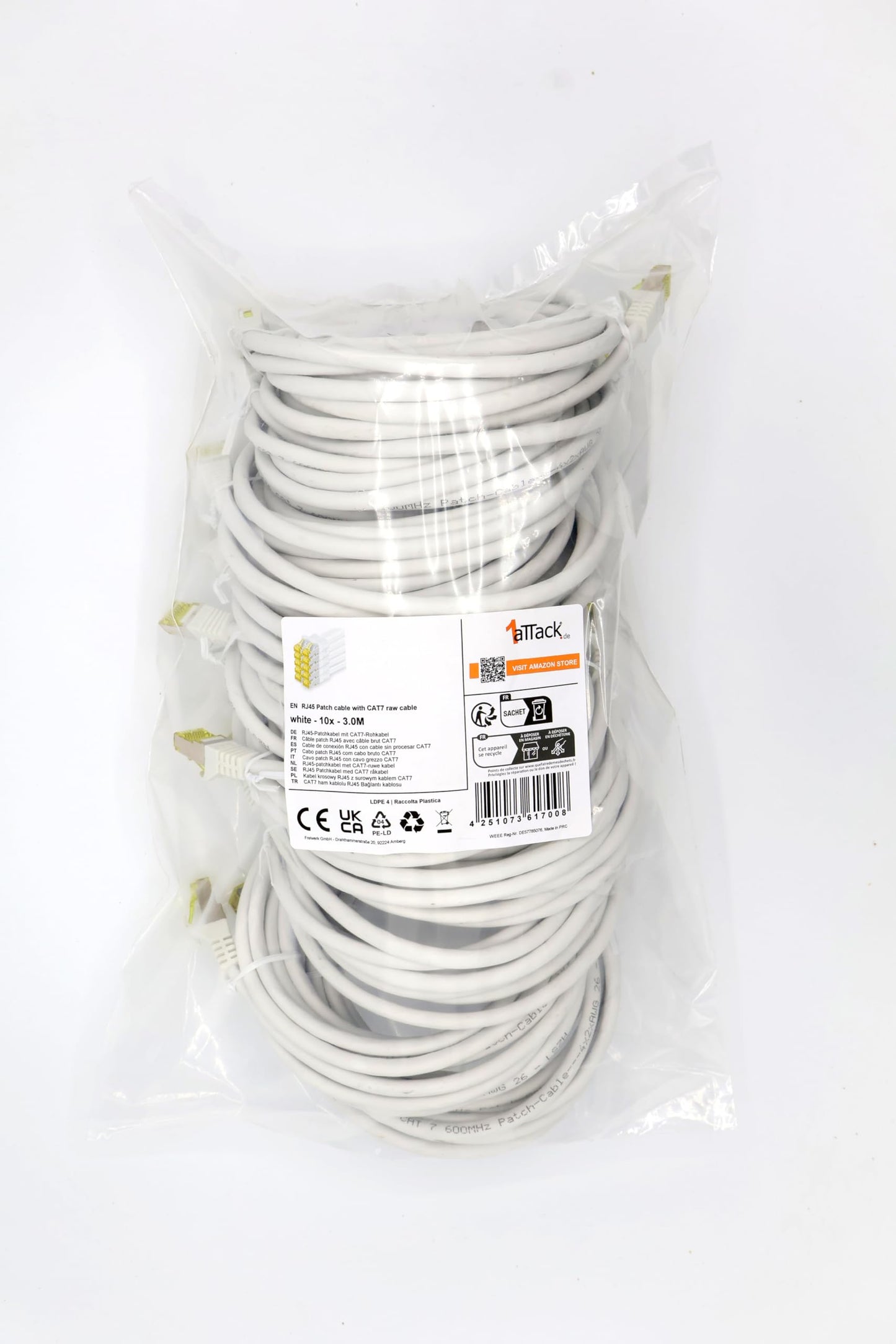 1aTTack.de Cat.7 network cable 3.0 m white pack of 10 Cat7 Ethernet cable network LAN cable raw cable 10 Gb s SFTP PIMF LSZH set patch cable with Rj 45 plug Cat.6a - 4251073617008