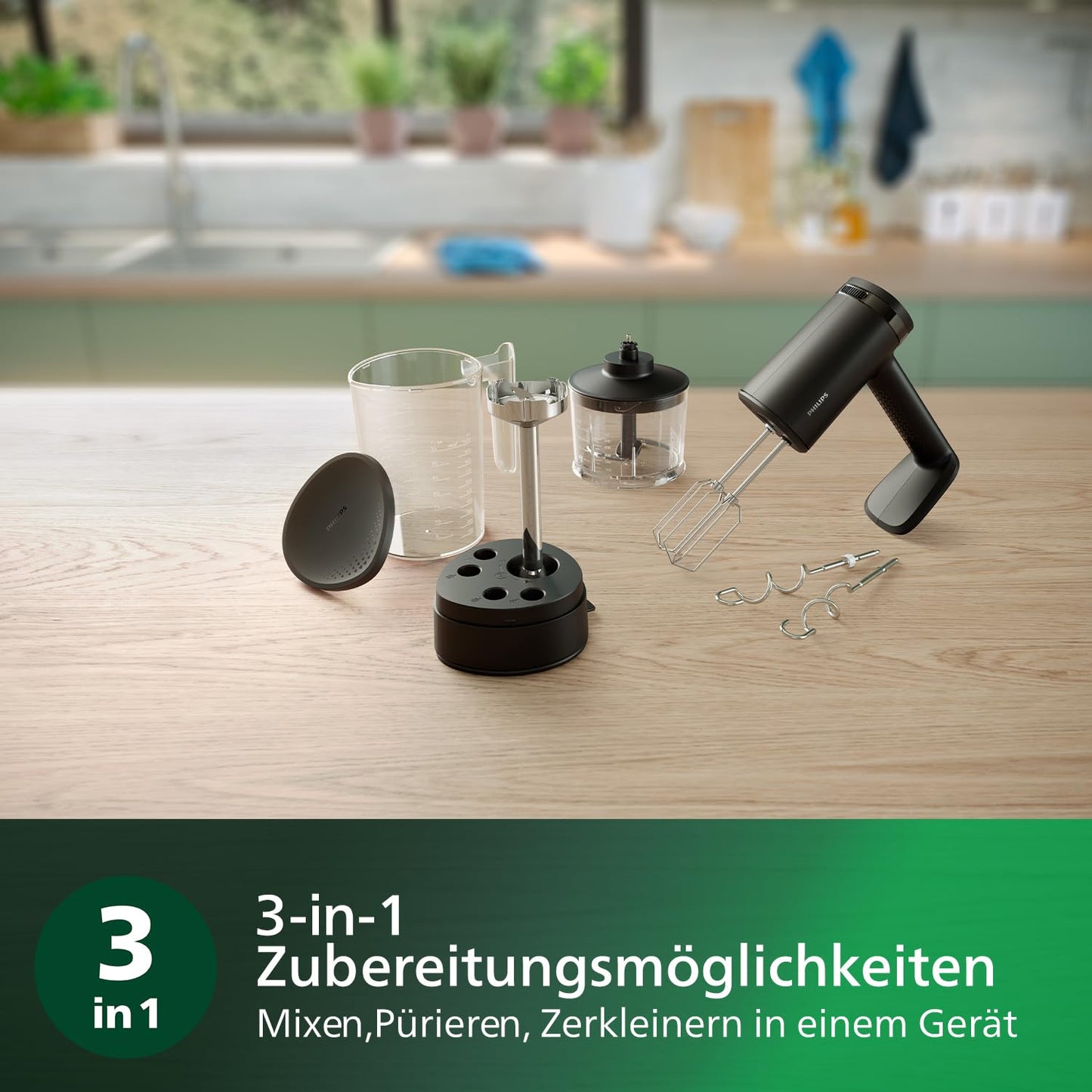 Philips Hand Mixer 5000 Series, 3-in-1 Hand Mixer, Powerful Motor (500W), Smart Storage Cup, 5 Speed Settings, Anti-Splash Protection, Black (HR3781/20)