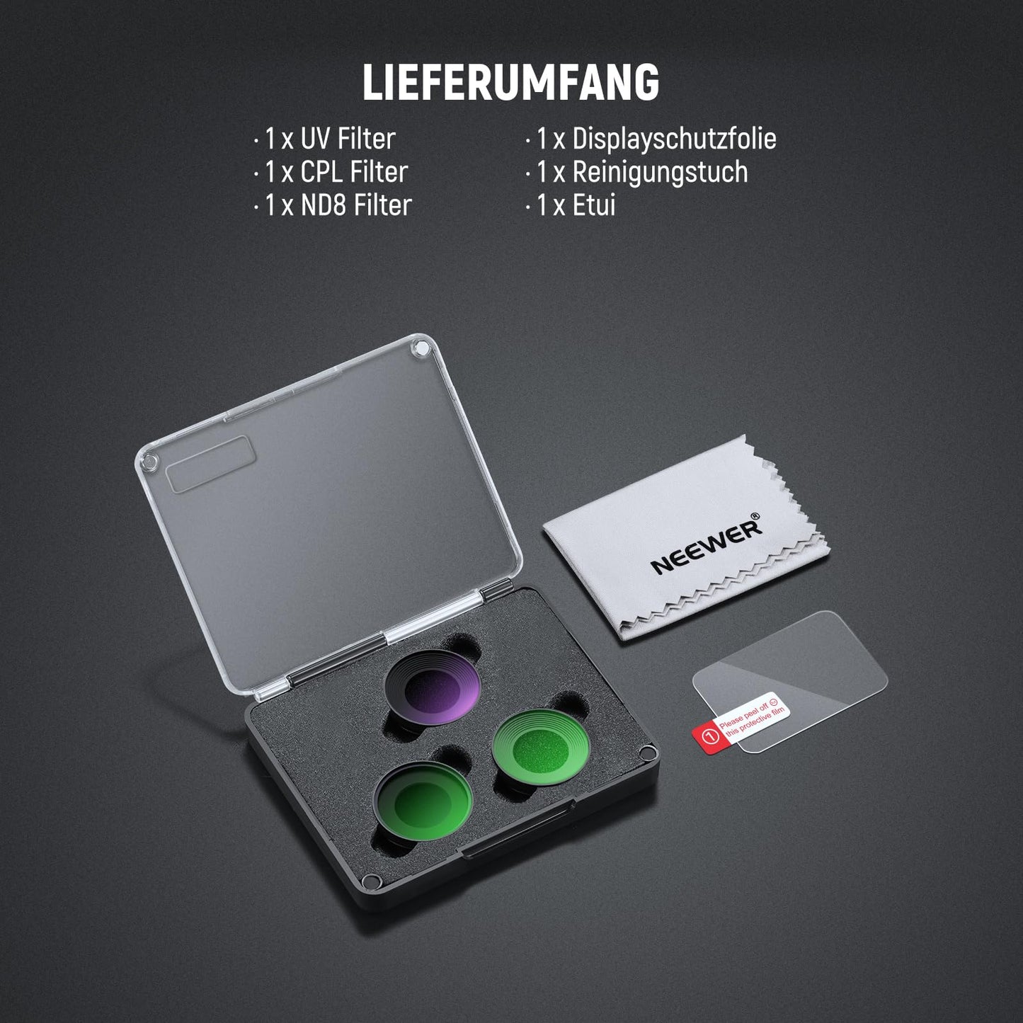 NEEWER ND filter set compatible with DJI Osmo Nano (ND8/UV/CPL), pack of 3, screw-on action cam lens, gray filter polarizing filter, multi-coated optical glass, photo accessories with screen protector - FL-N5