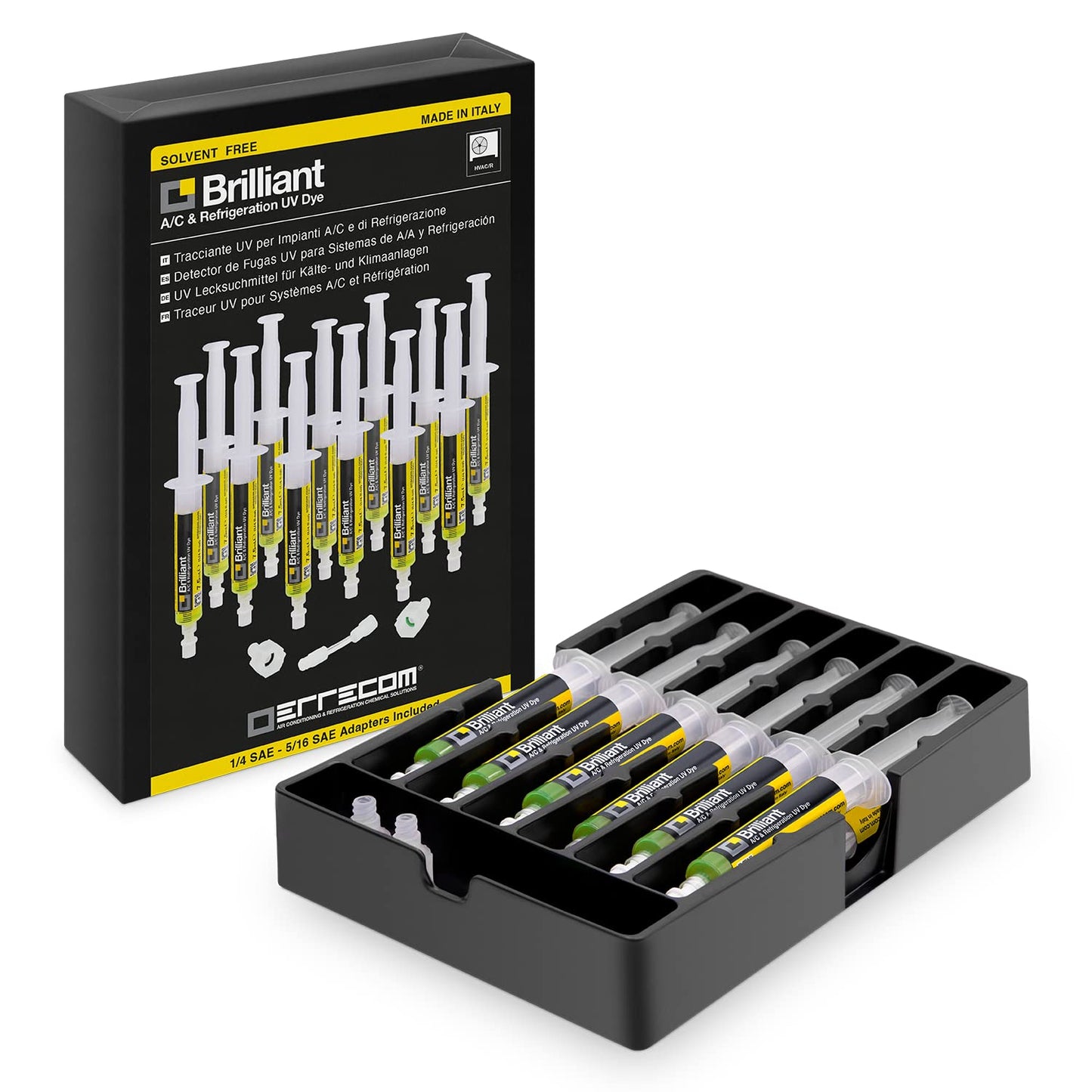 ERRECOM Brilliant - 12 x 7.5 ml, UV fluorescence tracer for detecting refrigerant leaks in car air conditioning systems, including 1/4 SAE and 5/16 SAE adapters (for R410a, R32) - TR1068.A12H3S2EC