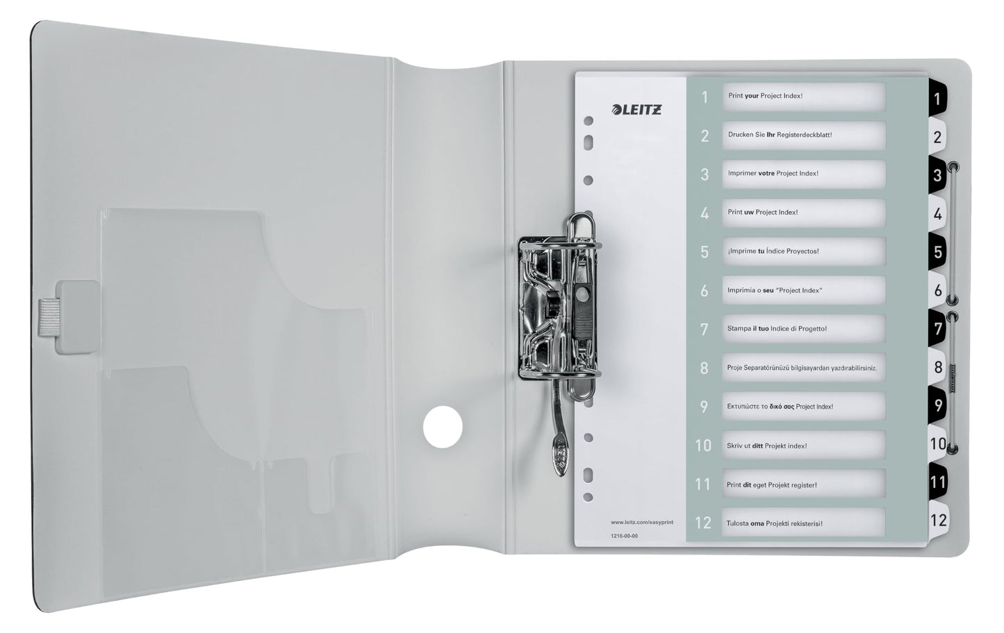 Leitz index for A4, pack of 10, PC-writable cover sheet and 12 dividers, tabs with numbers printed 1-12, extra width, white/black, polypropylene, WOW, 12160000 - 12160000-10