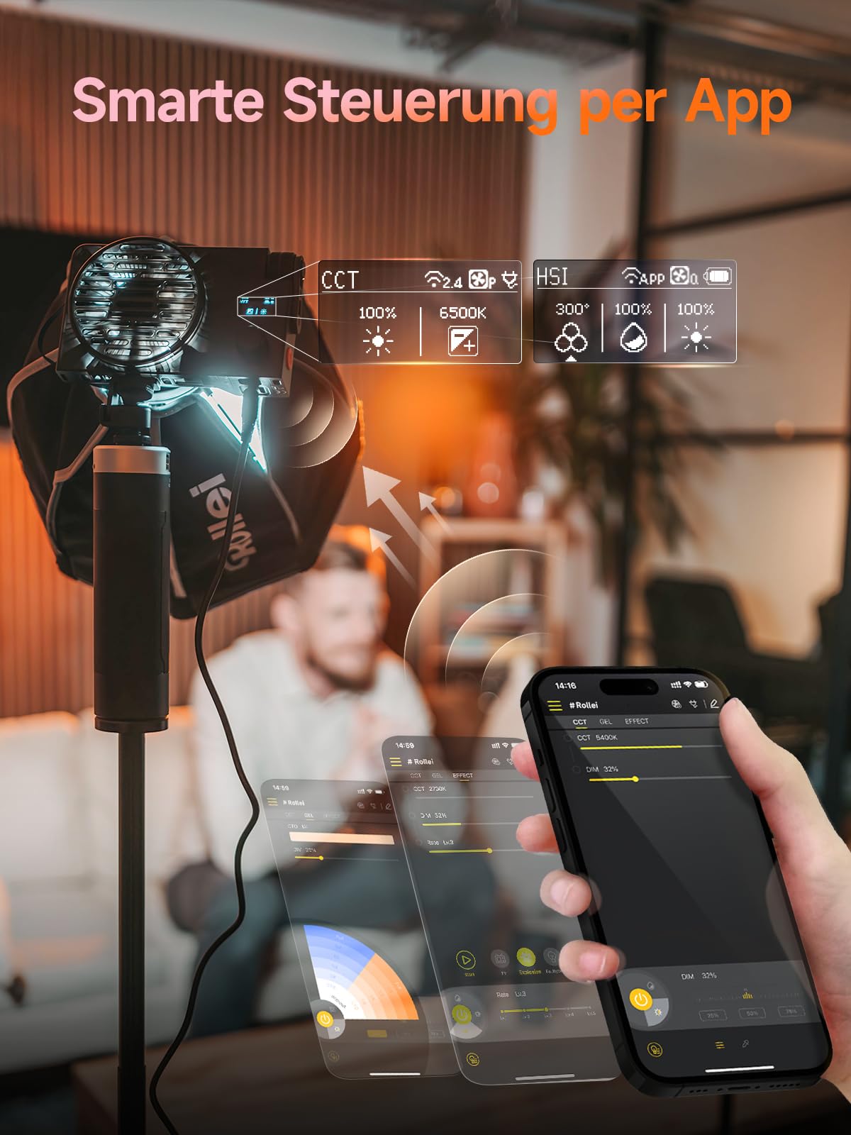 Rollei LUX 100W RGB Professional LED Continuous Light Photography Candela APP Smart Operation, Photo Light Ultra Flat & Light | Dual power supply | Adjustable color temperature 2700 – 6500K - 23126