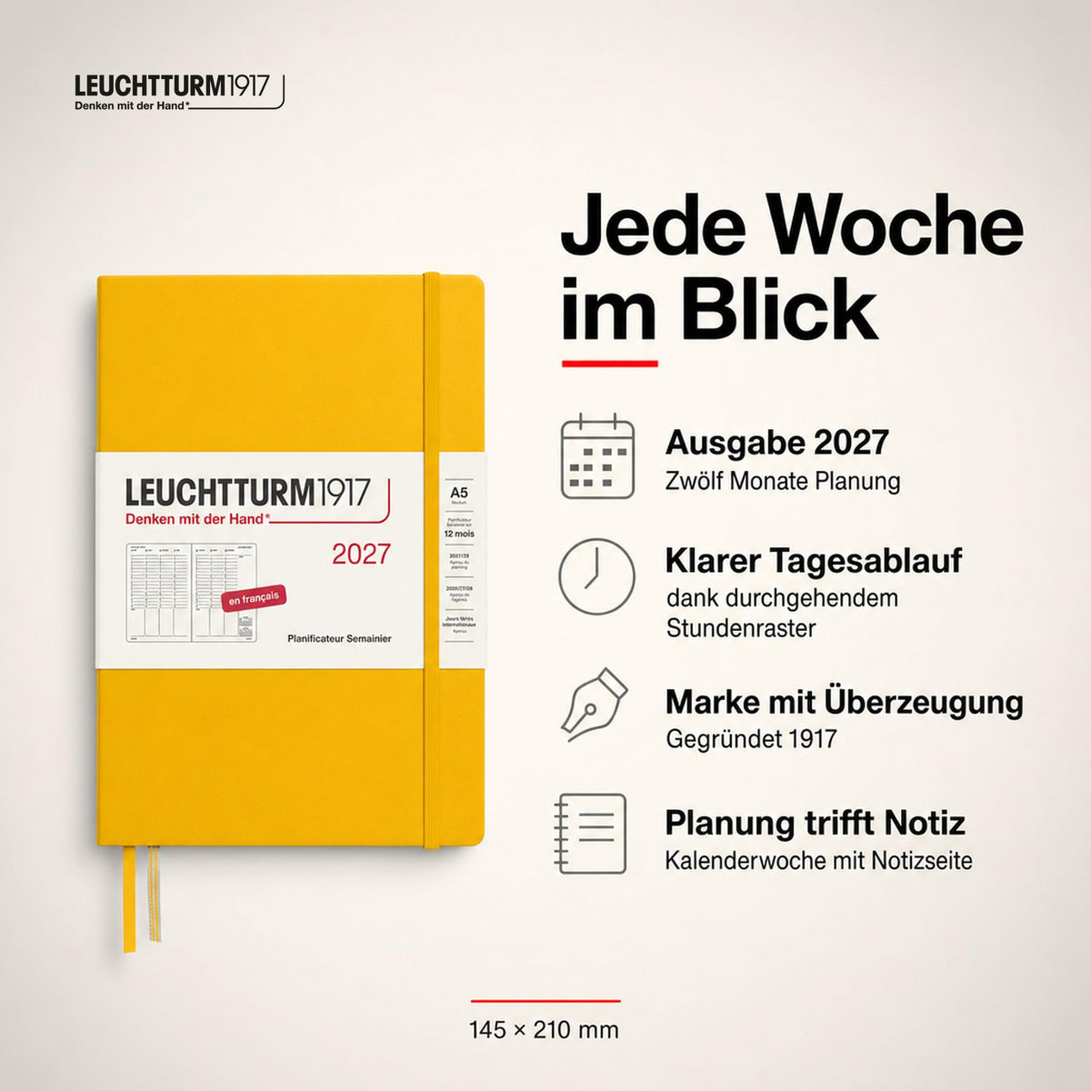LEUCHTTURM1917 Weekly Planner 2027 Medium (A5) - French, Sunflower, 210 x 145 mm, January-December (12 months), weekly overview with hourly grid 7:00-22:00 per column, hardcover - 400408