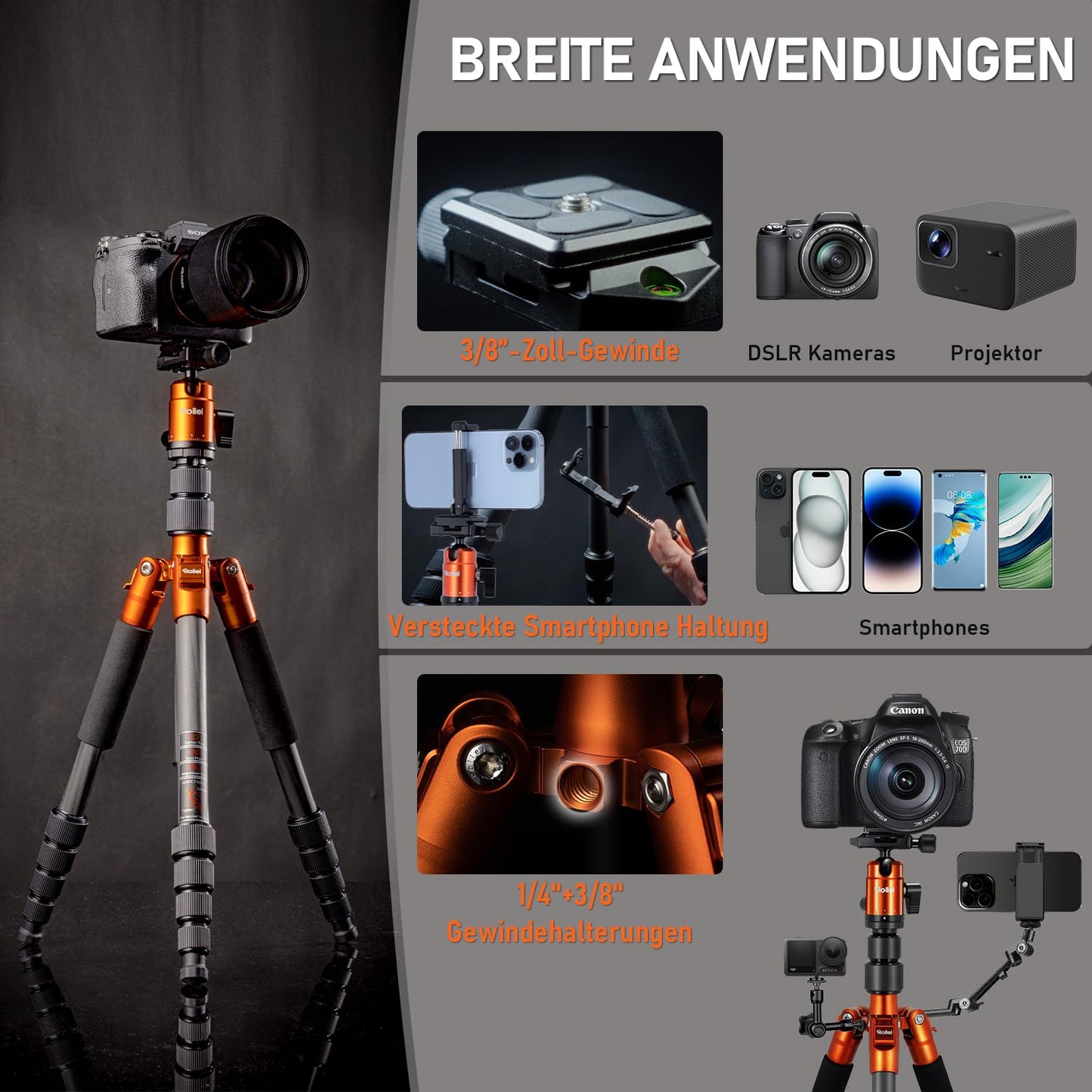 Rollei Compact Traveler No.1 Carbon Orange, 145cm camera tripod pack size 34cm compact photo tripod with ball head Arca Swiss compatible lightweight travel tripod with monopod function for DSLR & smartphone - 22579