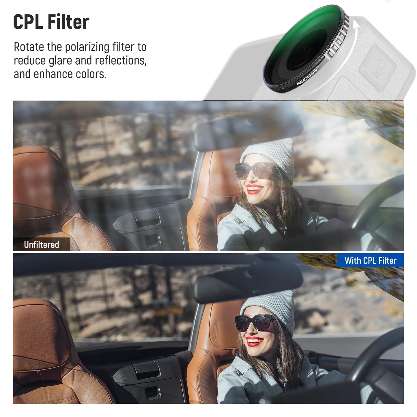 NEEWER CPL & ND filter set compatible with DJI Osmo Action 4/Action 5 Pro (pack of 4), screw-on polarizing filter CPL+ND8+ND16+ND32 action camera accessories, multi-coated optical, FL-A12 - 10105202