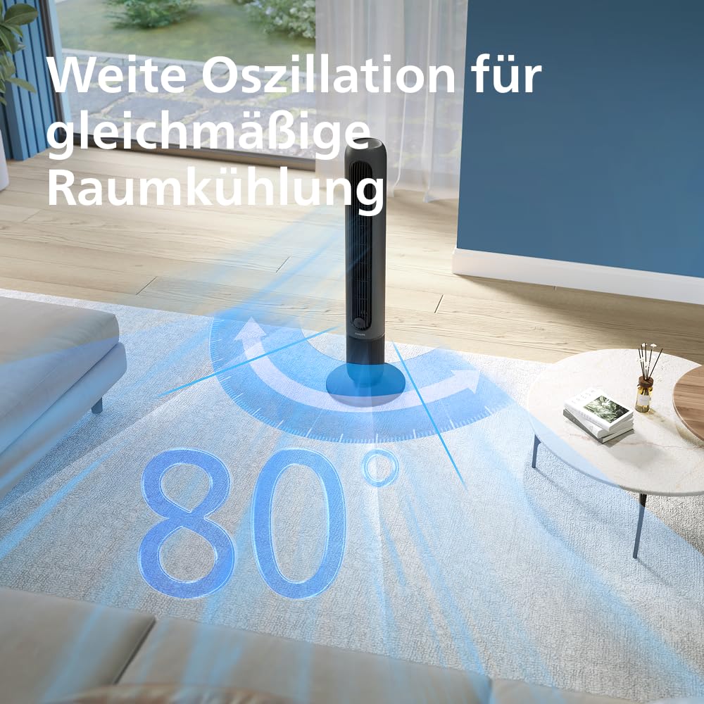 Philips tower fan 5000 Series. Powerful 8.0 m/s, ultra-quiet 24 dB, low energy consumption, remote control, 5 speed levels, sleep mode, 9-hour timer, 80° oscillation (CX5540/01)