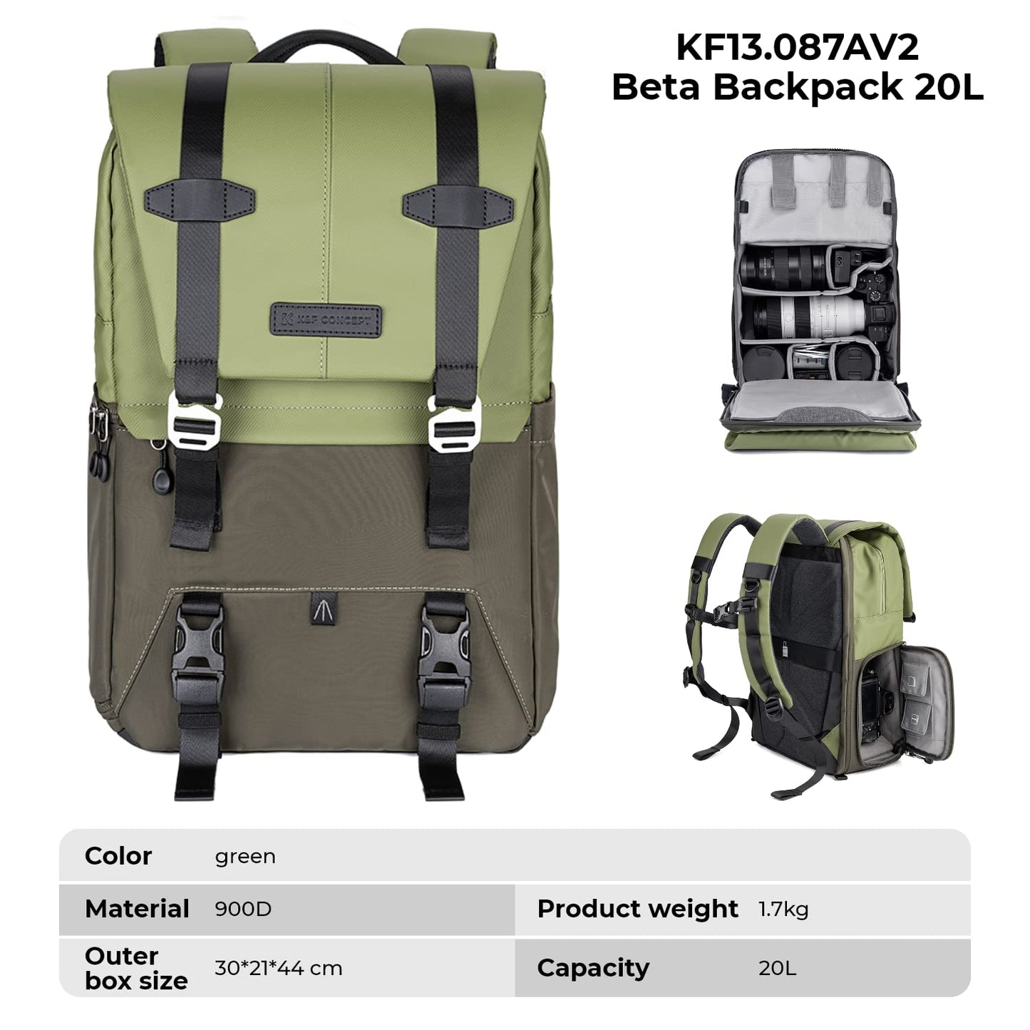 K&F CONCEPT camera backpack 20L, large photo backpack 15.6 inch laptop compartment - KF13.087AV2