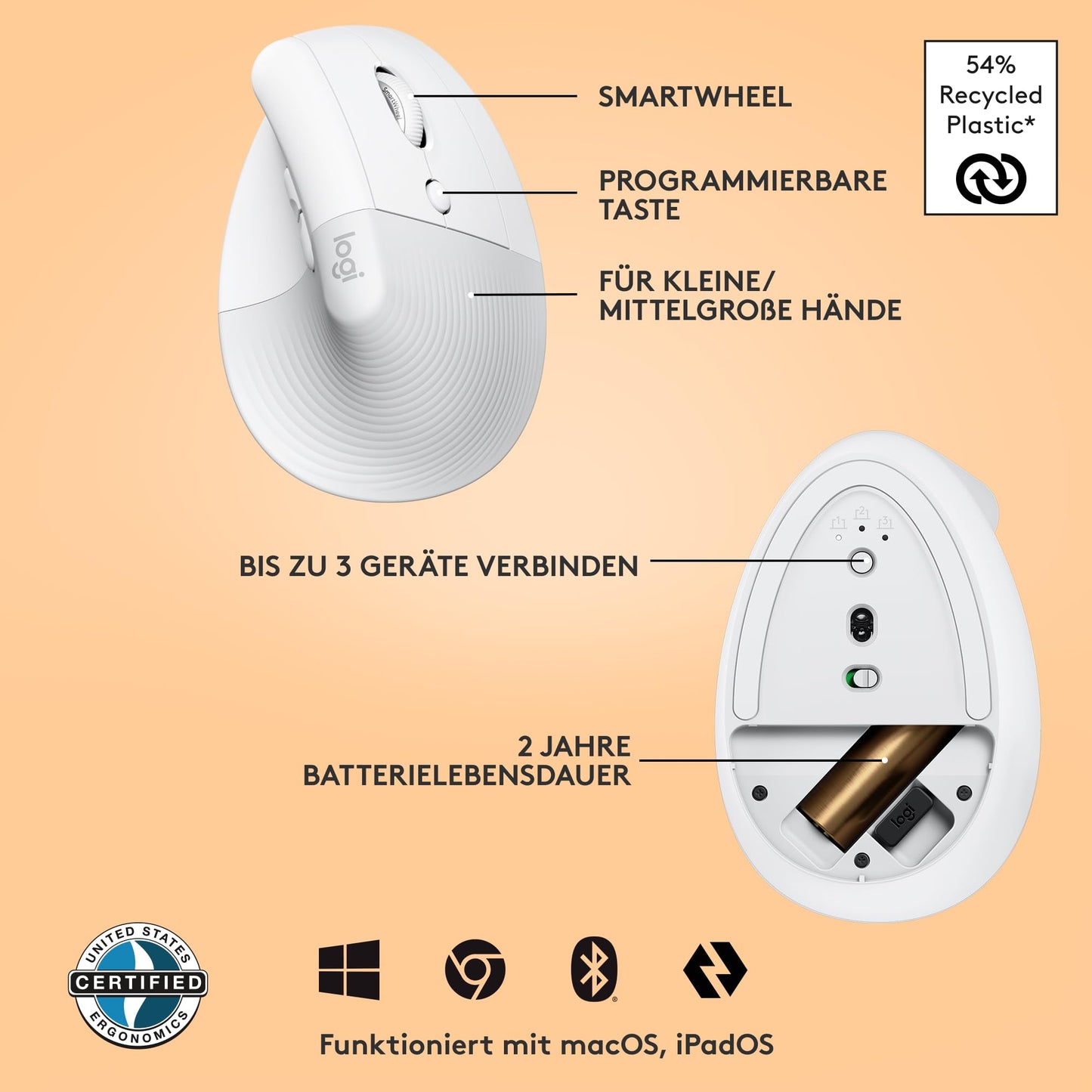 Logitech Lift Vertical Ergonomic Mouse, Wireless, Bluetooth or Logi Bolt USB Receiver, Quiet Clicks, 4 Buttons, Compatible with Windows/macOS/iPadOS, Laptop, PC - White - 910-006475