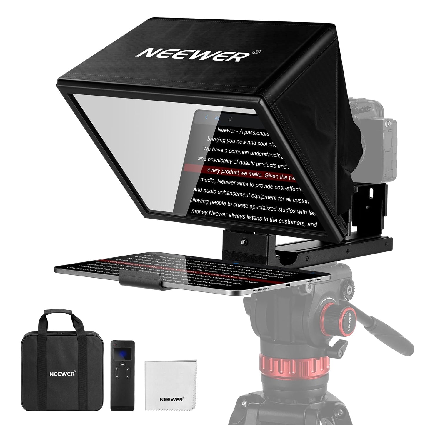 NEEWER BASICS X12B Aluminum Alloy Liftable Teleprompter 12" for iPad Tablet Phone DSLR Camera, Remote Control & App Control, Compatible with iOS Android, Pro for Online Teaching Live Streaming
