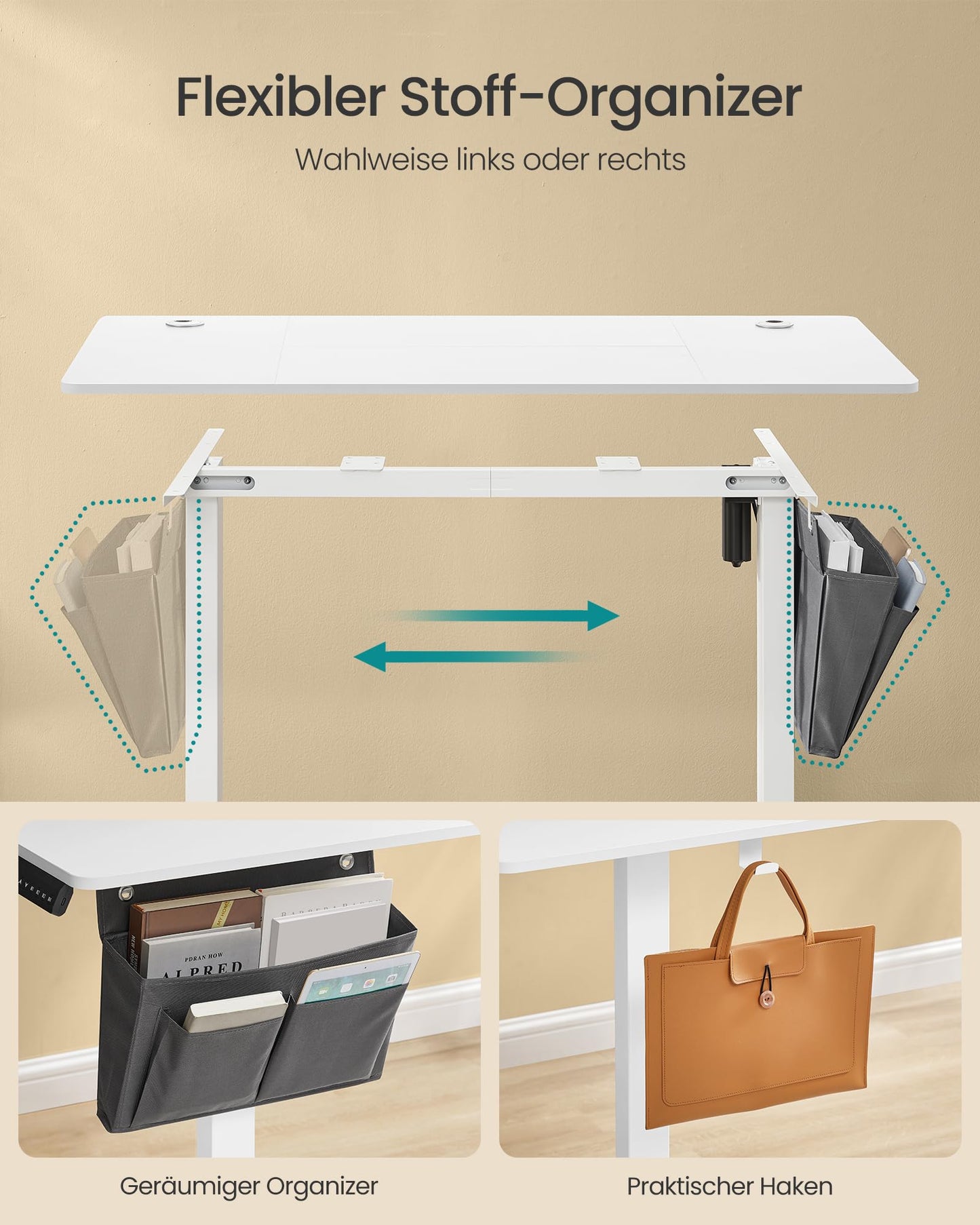 SONGMICS Height-adjustable desk electric, 120 x 60 cm, adjustable table, memory function for 4 heights, for office, cloud white LSD132W01
