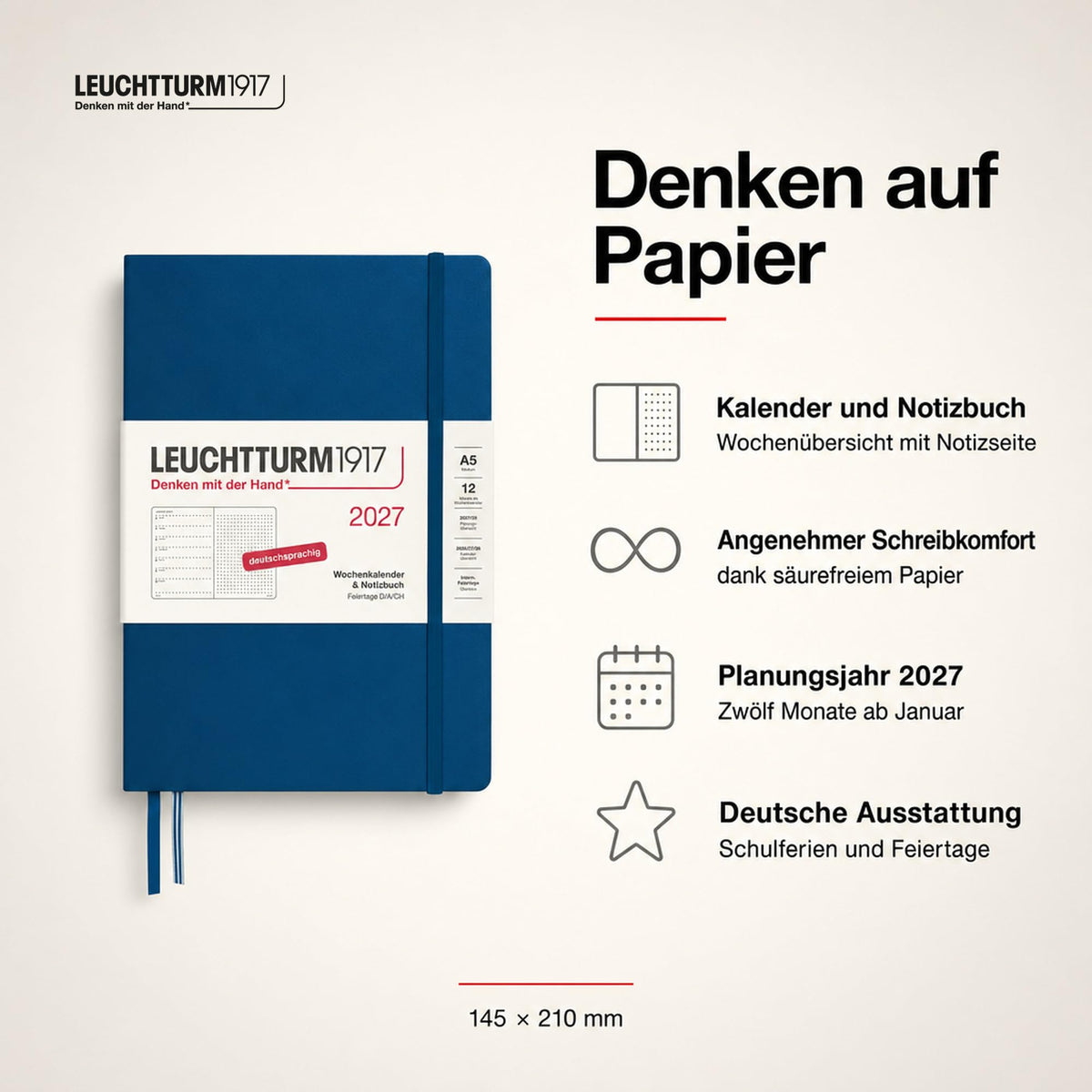 LEUCHTTURM1917 calendar săptămânal 2027 punctat mediu (A5) cu caiet - planificator de întâlniri germană, indigo, ianuarie-decembrie 2027, prezentare săptămânală în stânga + pagina de note în dreapta - 400096