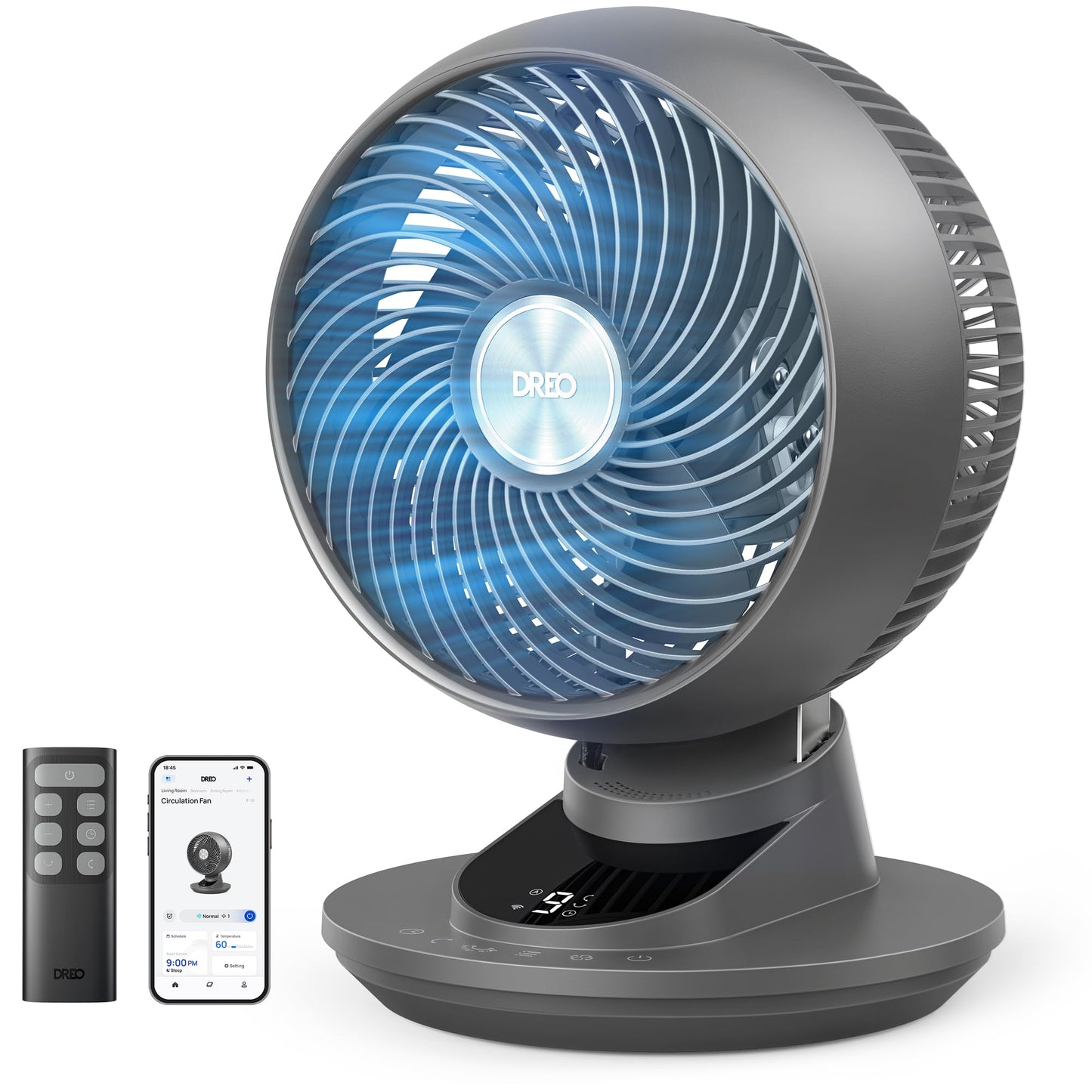 DREO 3D table fan, very quiet 22 dB, small fan with remote control, 8.8 m/s strong airflow, 90° oscillation, app & voice control, 9 levels, 8/12h timer for bedroom & office - DR-HAF008