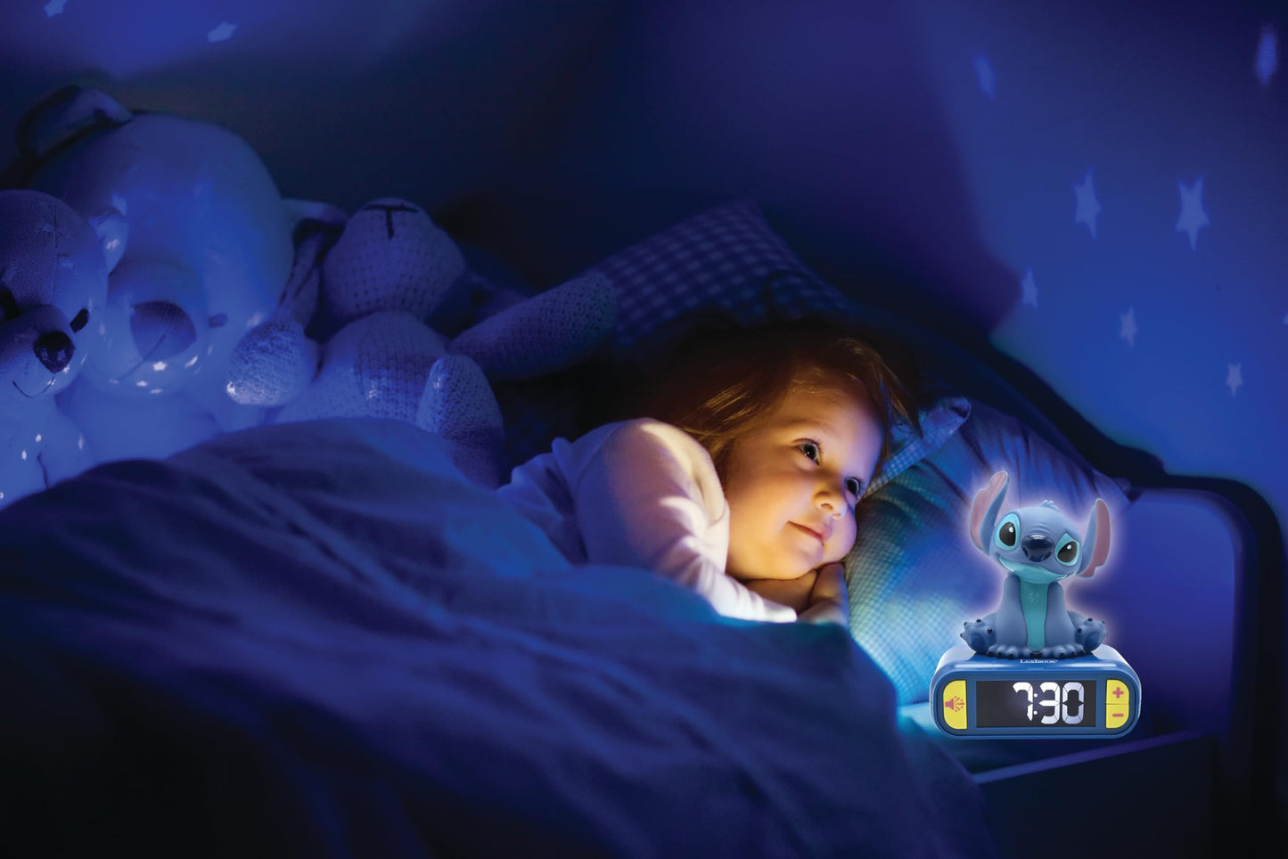 Lexibook, Disney Stitch, Night Alarm Clock, Sounds and Melodies, Backlit LCD Display, Illuminated, Snooze Function, Blue, RL800D