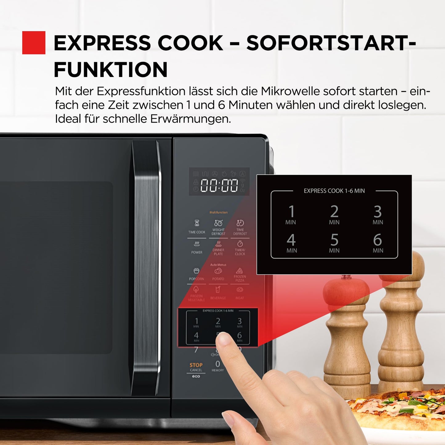 TOSHIBA microwave in mirror black, 23 liters, 800 W, digital solo microwave with 11 power levels, 6 automatic programs, quick start function, defrost function, digital display, MW3-EM23PE(BK)