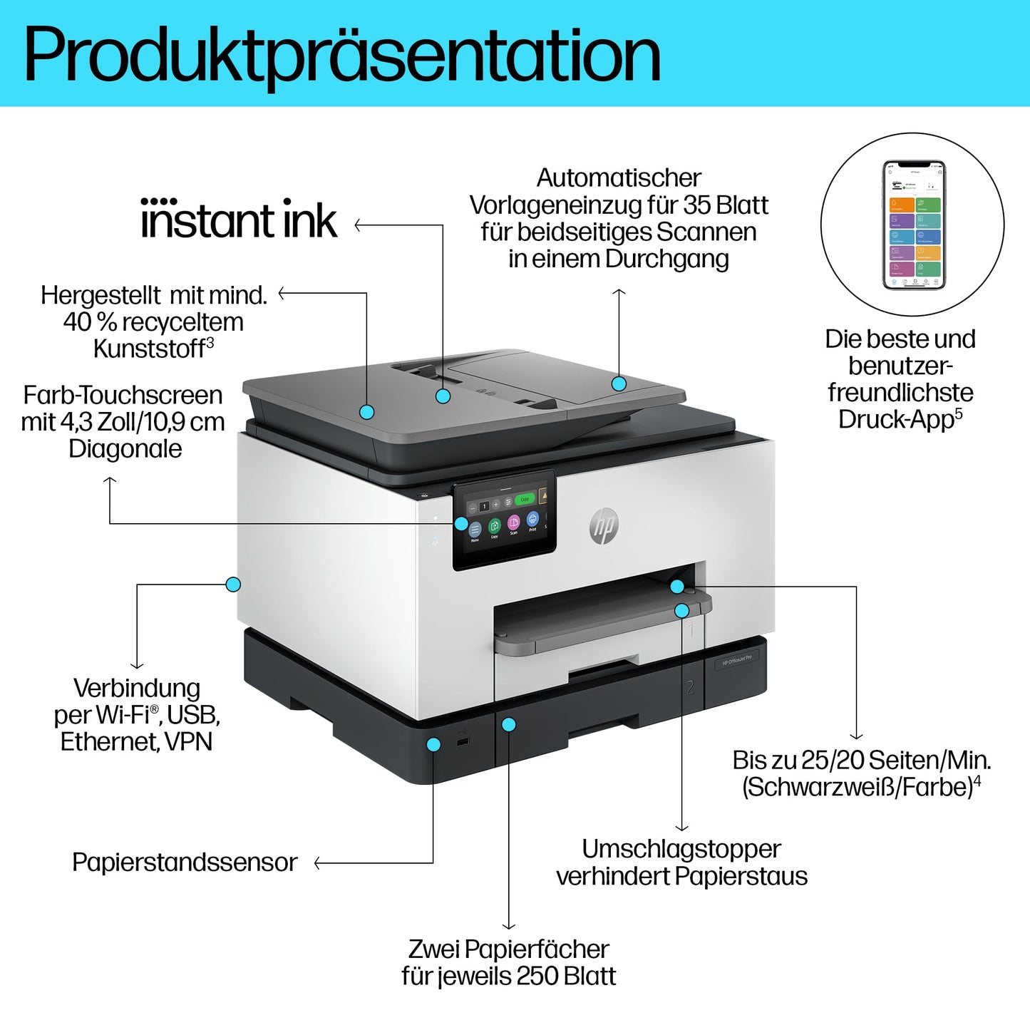 HP OfficeJet Pro 9132e multifunction printer, 6 months free printing Instant Ink included, printer, scanner, copier, fax, WLAN, LAN, duplex, airprint, gray-white - 404M5B#629