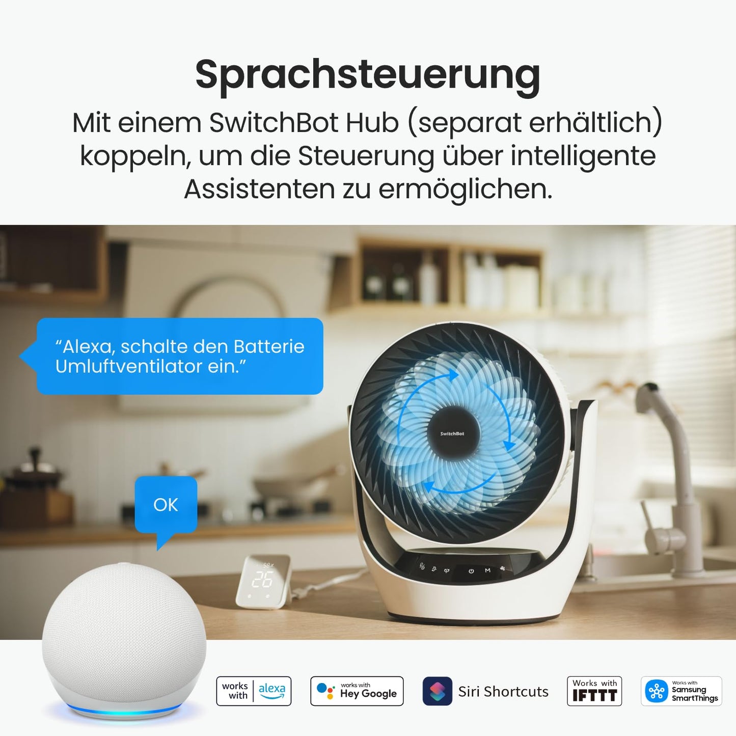 SwitchBot USB Table Fan, Powerful 24dB Quiet Battery Circulation Fan, Compatible with Alexa/Google/Siri (Hub Required), 4 Modes, 9 Hour Timer, Energy Efficient Circulation Fan - W3800510