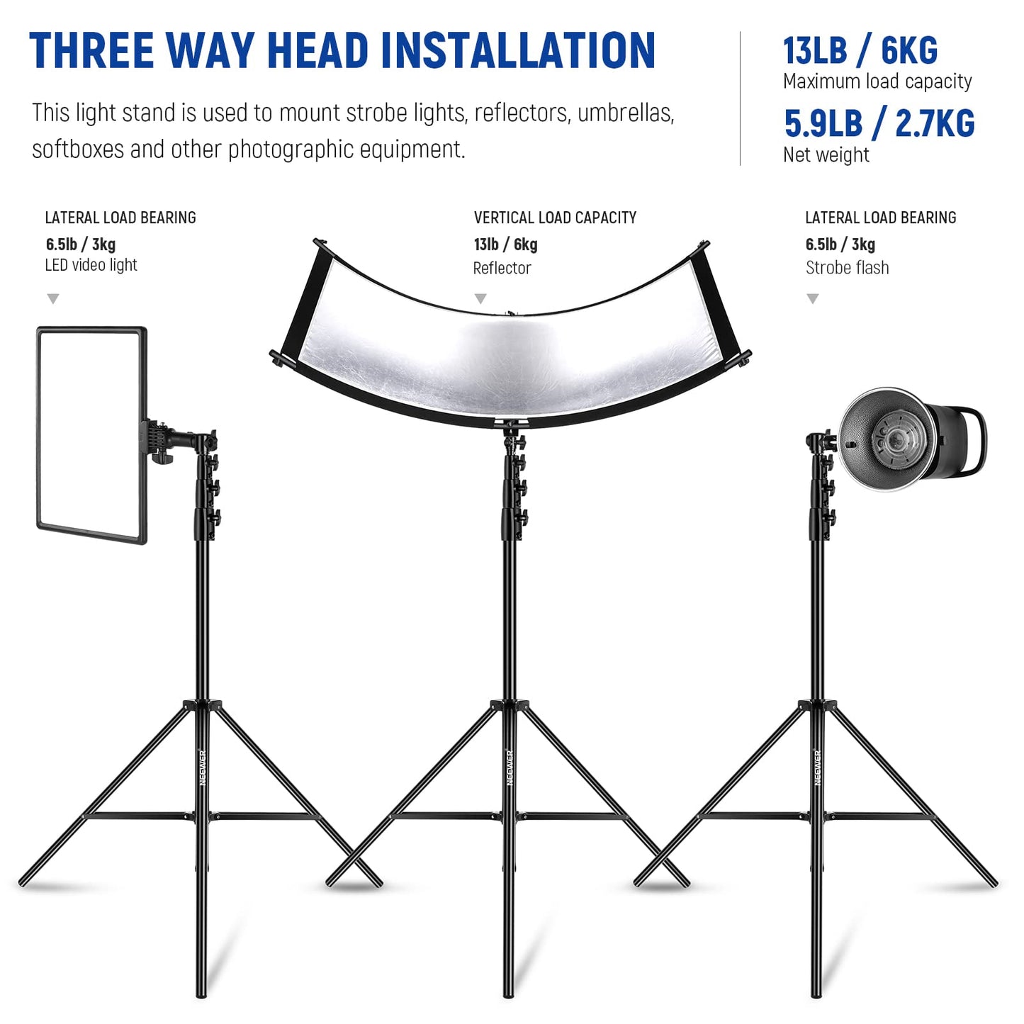 NEEWER 4m light stand, air-cushioned heavy duty metal tripod for ring light photography lamps with 1/4" to 3/8" screw adapter and 3-way interfaces, load capacity: 3kg, ST-400AC