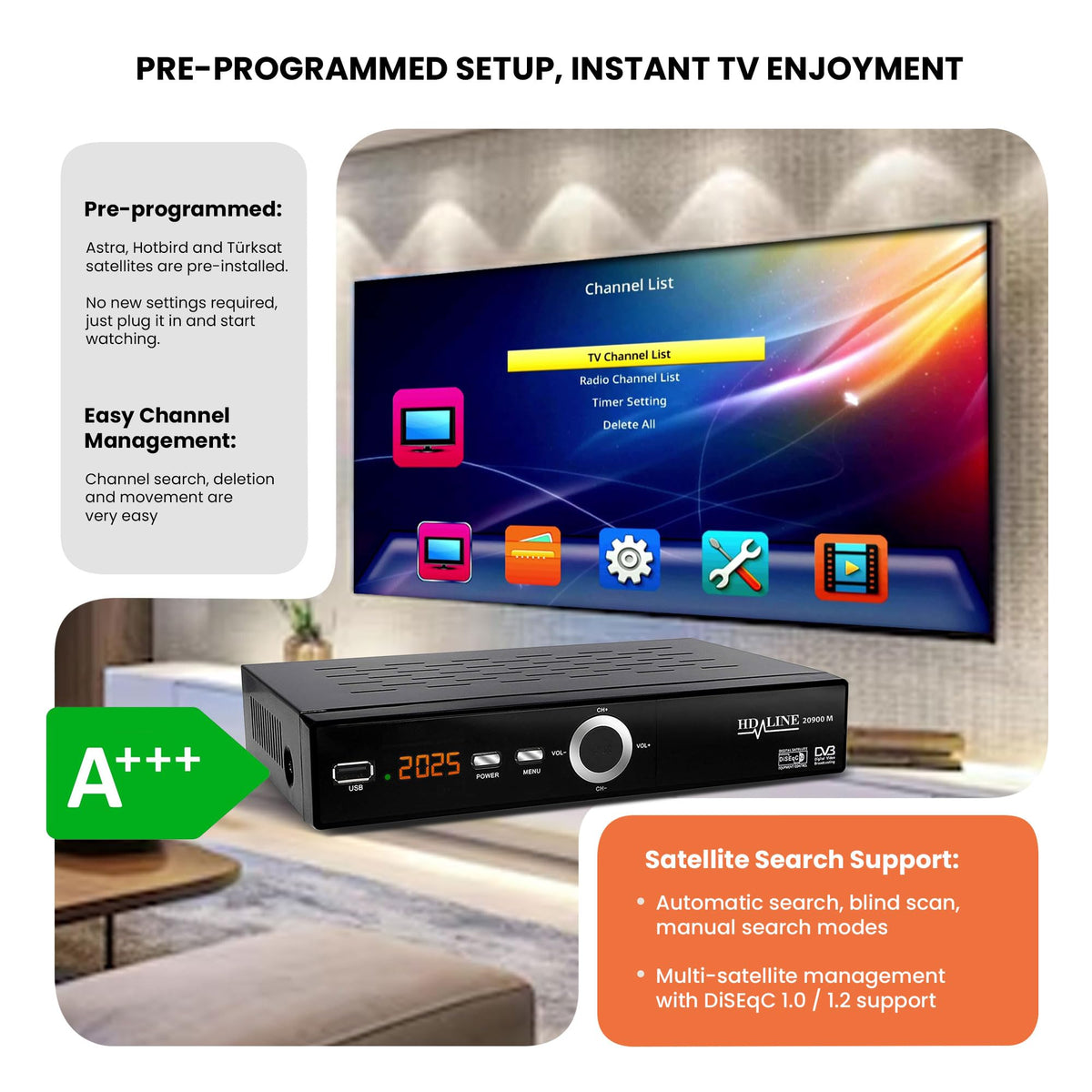 Hd-line 20900 HD Sat Receiver Satellite DVB S2 HD Receiver for SAT Digital Satellite SAT Receiver (DVB-S/S2, HDMI, SCART, 2X USB 2.0, Full HD 1080p) (Pre-programmed for Astra Hotbird and Türksat) - HD-LINE