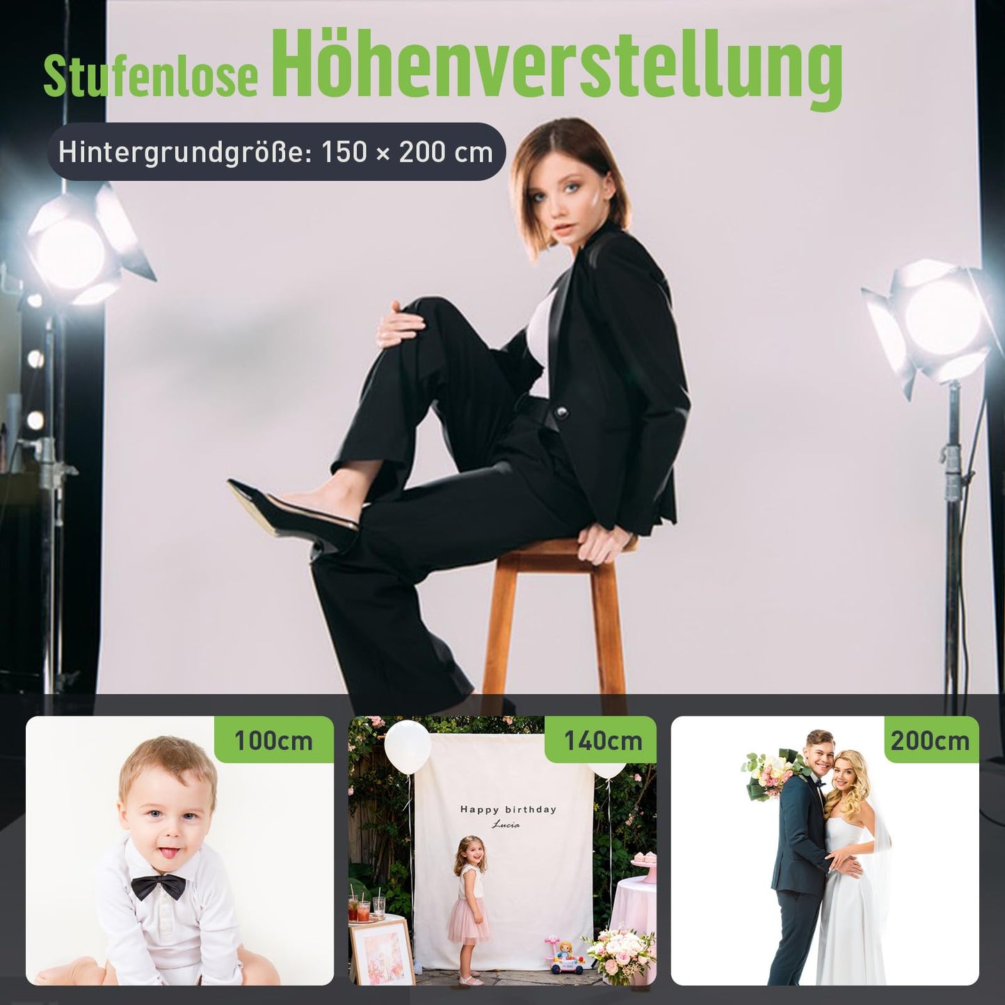 Heysily White Photo Background with Stand 2x2m & 1.5x2m - Photo Background White Fabric Set, Backdrop Stand for Photo Studio, Portrait, Product Shooting & Professional Backdrop Photography - LM-ZJ&LB-001