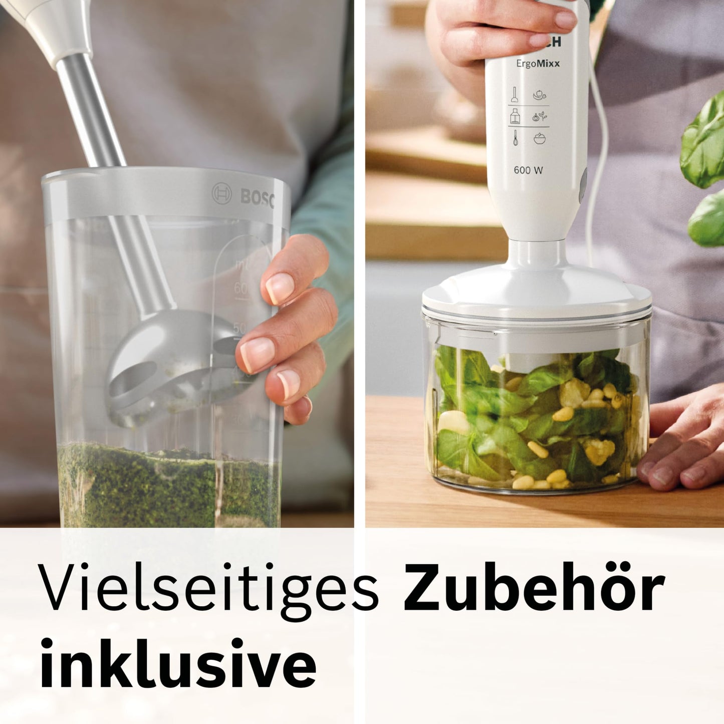 Bosch hand blender ErgoMixx, stainless steel mixing foot, mixing and measuring cup, 4-blade knife, chopper, ergonomic design, 12 levels plus turbo, 600 W, white/gray, MSM66120