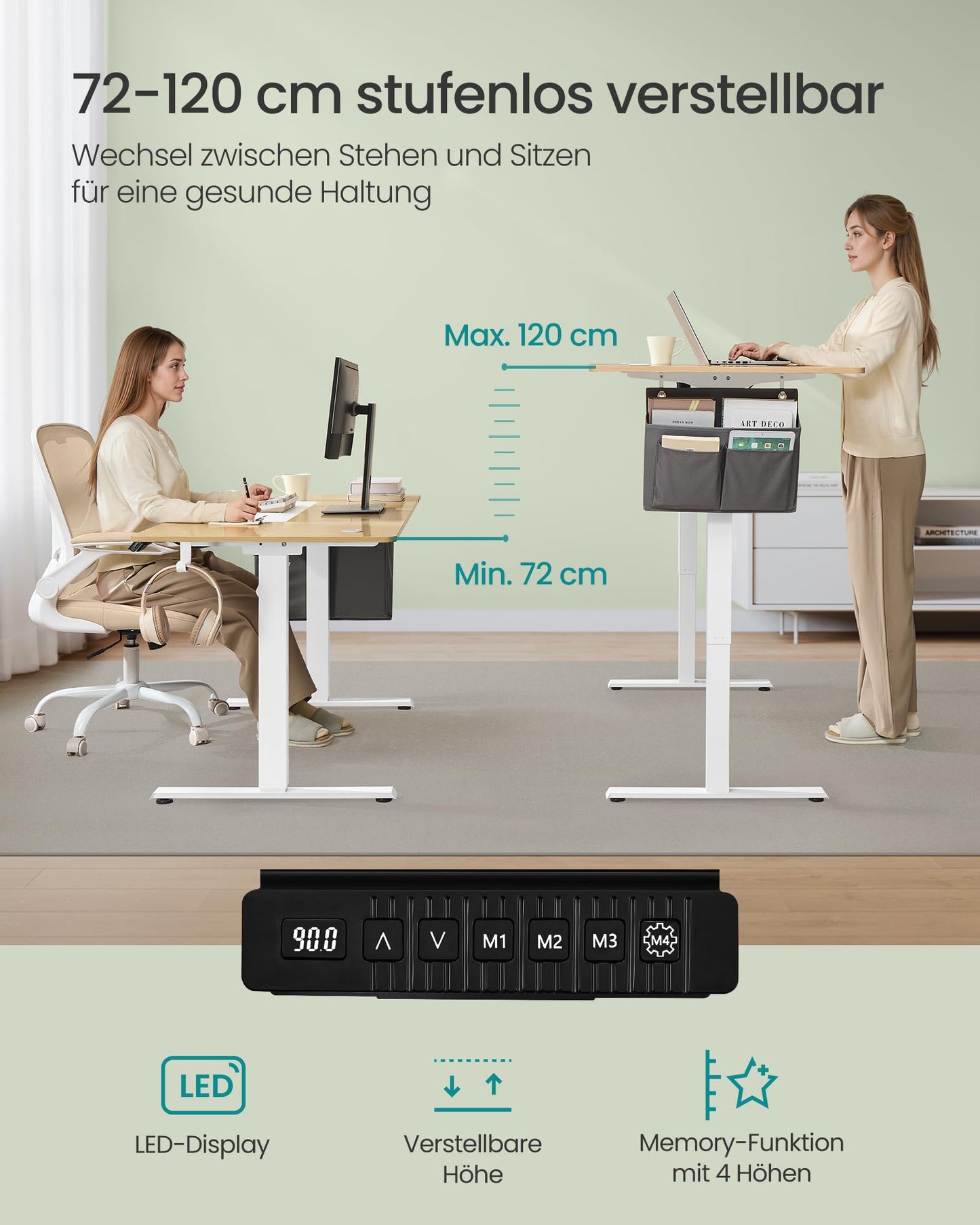 SONGMICS Electric height-adjustable desk, 140 x 60 cm, infinitely adjustable, memory function with 4 heights, natural oak color-matt white LSD016N01