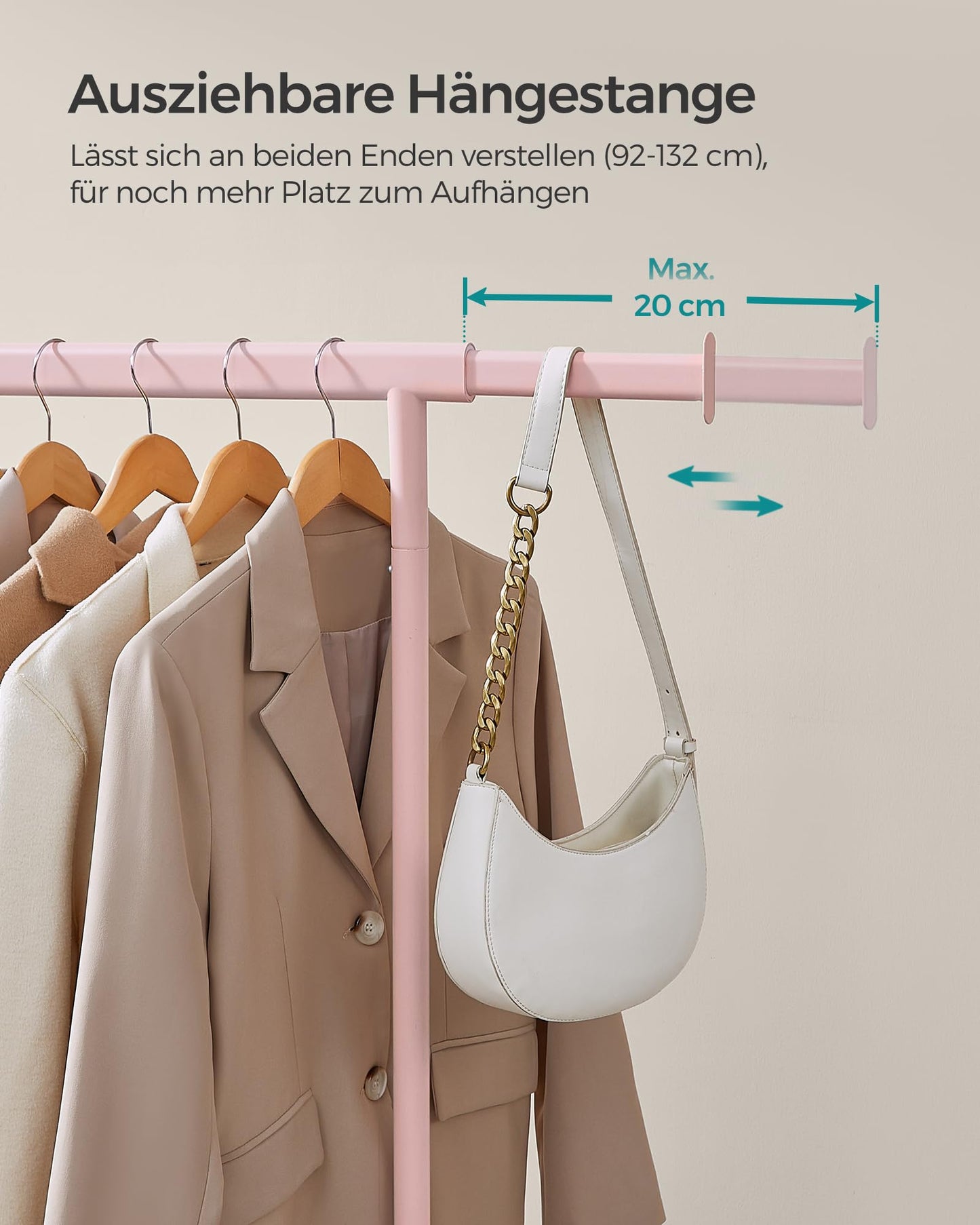 SONGMICS Clothes Rack on Wheels, Heavy Duty Coat Rack, Extendable Clothes Rail, Holds up to 100kg, Easy Assembly, Portable, Pastel Pink HSR013R01 - UHSR013G01