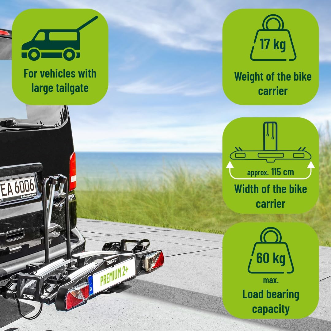 EUFAB 11523 bicycle carrier PREMIUM 2 Plus, suitable for e-bikes, for large tailgates, completely pre-assembled, anti-theft protection, 2 bicycles, trailer hitch, black/gray, (WxHxD) approx. 115x67x61 cm