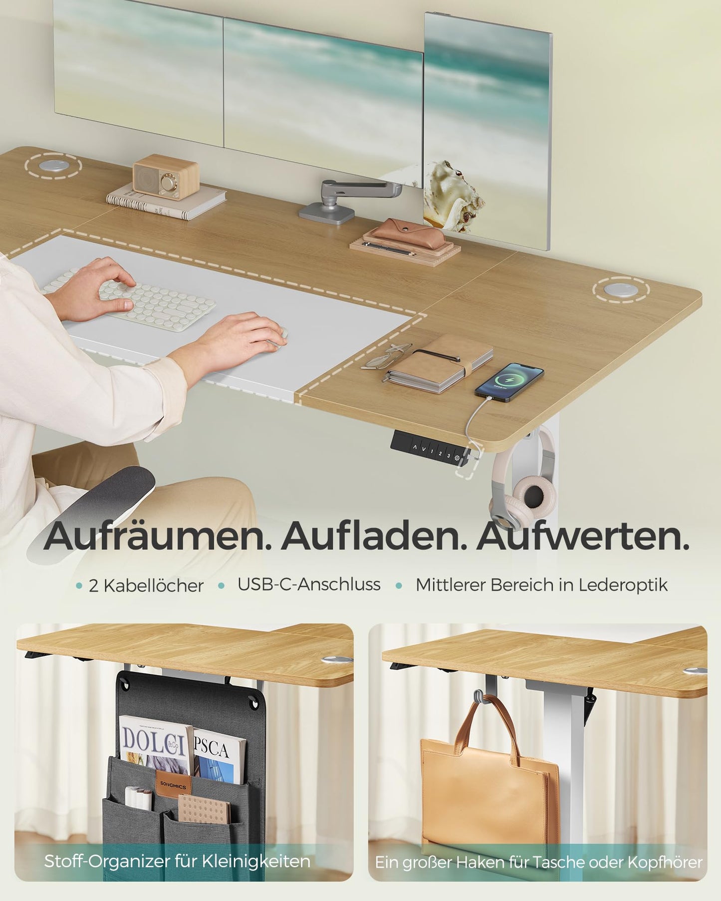 SONGMICS Electric height-adjustable desk, 160 x 70 cm, infinitely adjustable, memory function with 4 heights, natural oak color-matt white LSD026N01
