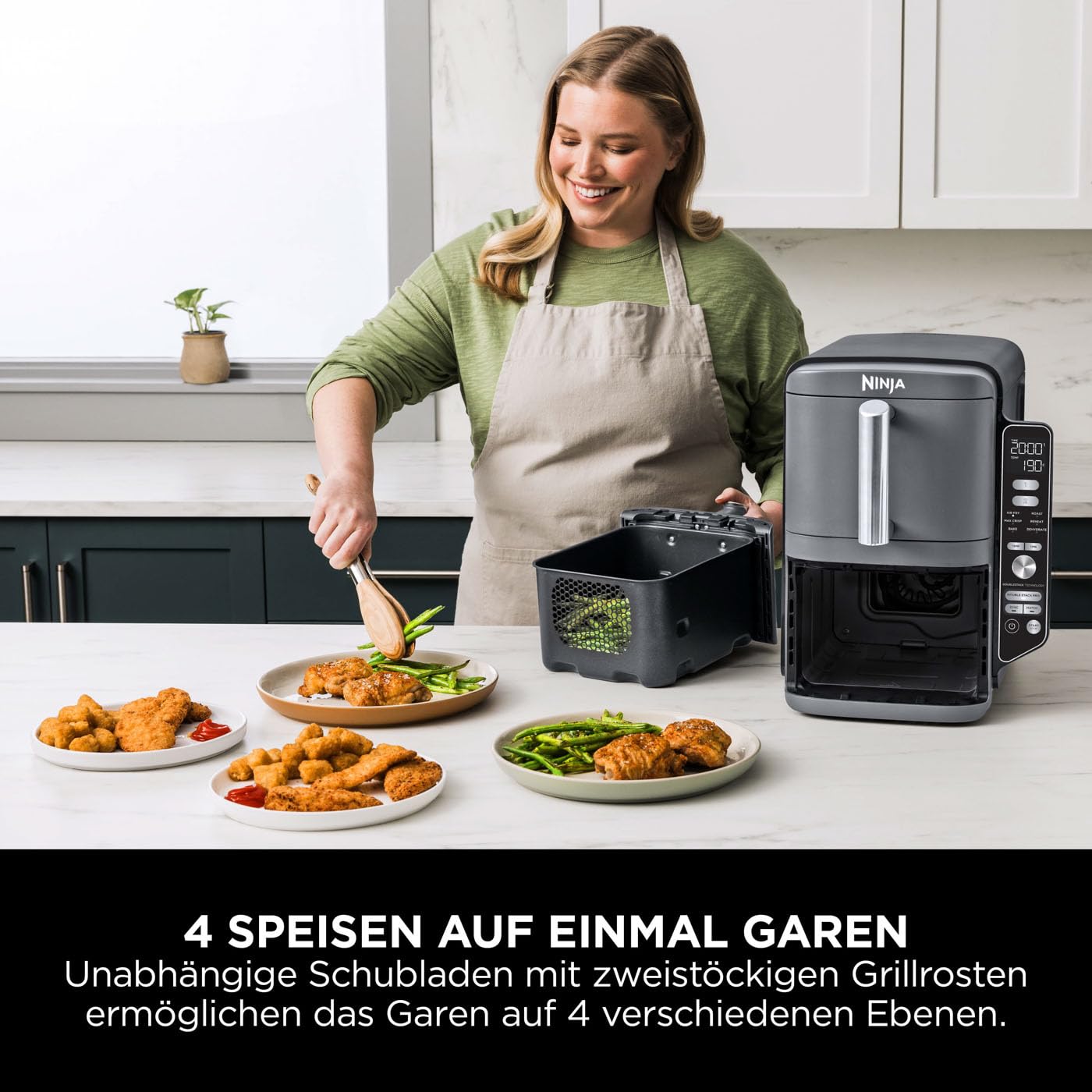 Ninja Double Stack XL Air Fryer Hot Air Fryer, 9.5L Airfryer, Double Basket Hot Air Fryer with 4 Cooking Levels, 2 Baskets, 2 Racks, Space Saving Design, 6 Cooking Functions, 8 Servings, Gray SL400EU
