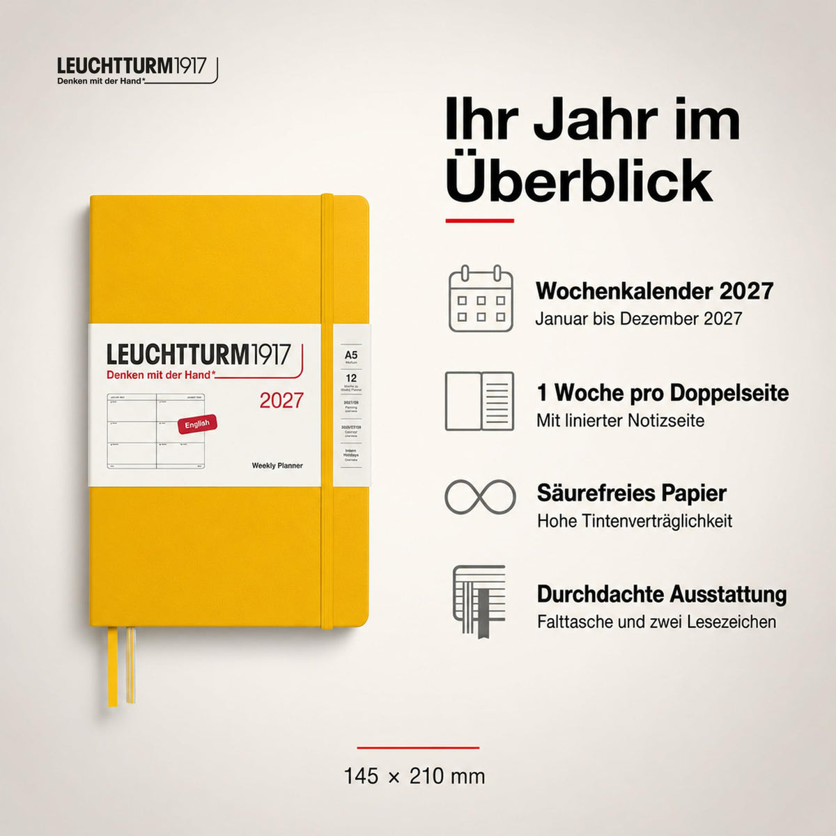 LEUCHTTURM1917 Calendar săptămânal 2027 Mediu (A5) - Engleză, Floarea-soarelui, Hardcover, 145 x 210 mm, 12 luni - ianuarie-decembrie 2027, 1 săptămână pe pagină dublă, hârtie de 80 g/m² cu compatibilitate ridicată cu cerneală - 400271