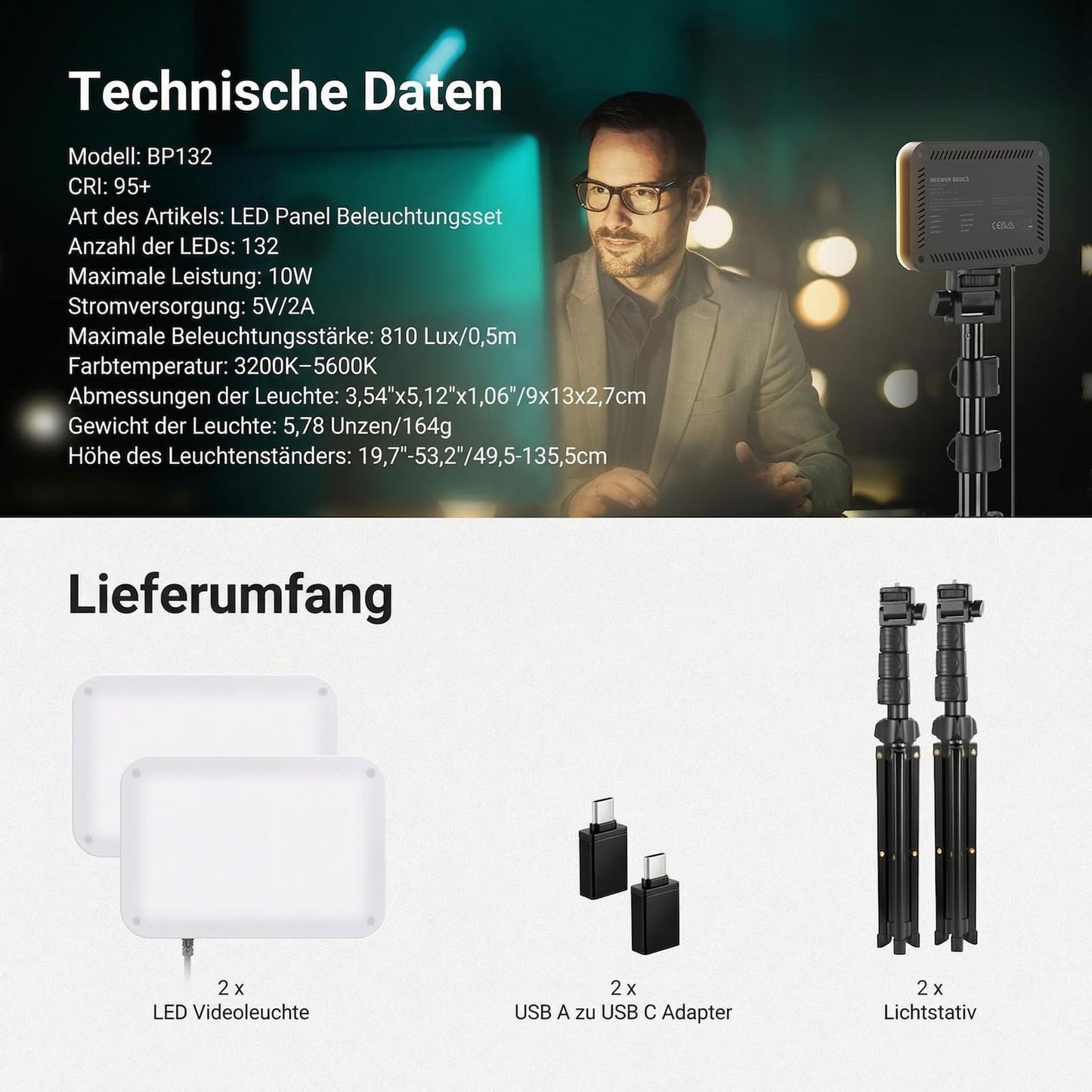 NEEWER Basics 2 Pack LED Video Light Panel Light Set, 6.2" Dimmable Portable Studio Light with 53" Tripod, 3200K-5600K/CRI95+ 810 Lux for Photography, Video Recording, Streaming and Podcasts, BP132 - BP132（2