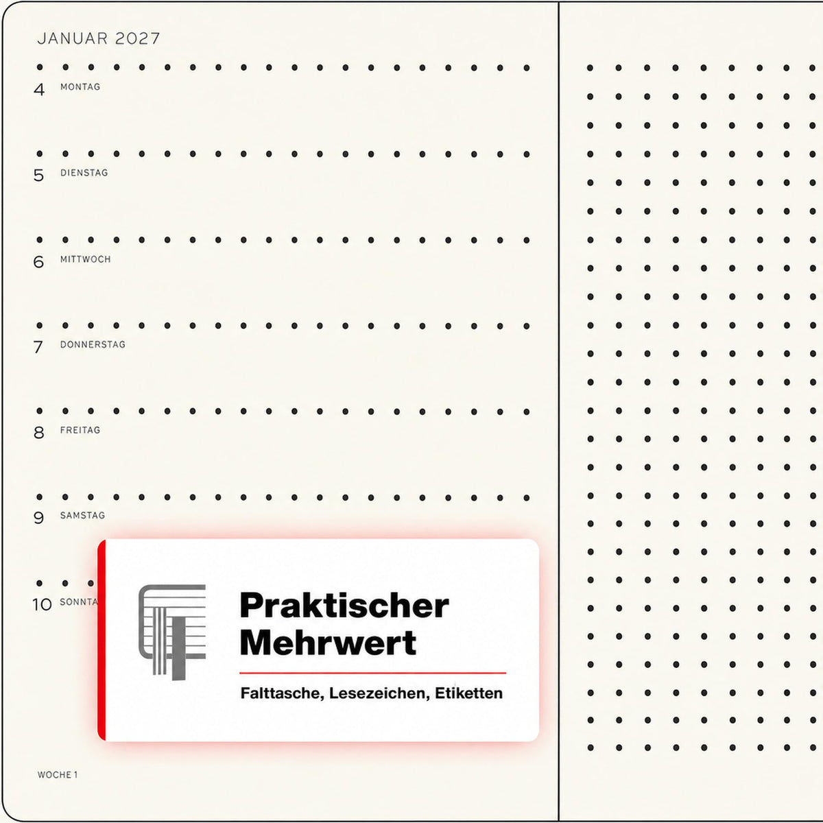 LEUCHTTURM1917 Calendar săptămânal 2027 punctat mediu (A5) cu caiet - Planificator de întâlniri german, cireș, ianuarie-decembrie 2027, prezentare generală săptămânală în stânga + pagină cu note în dreapta - 400092