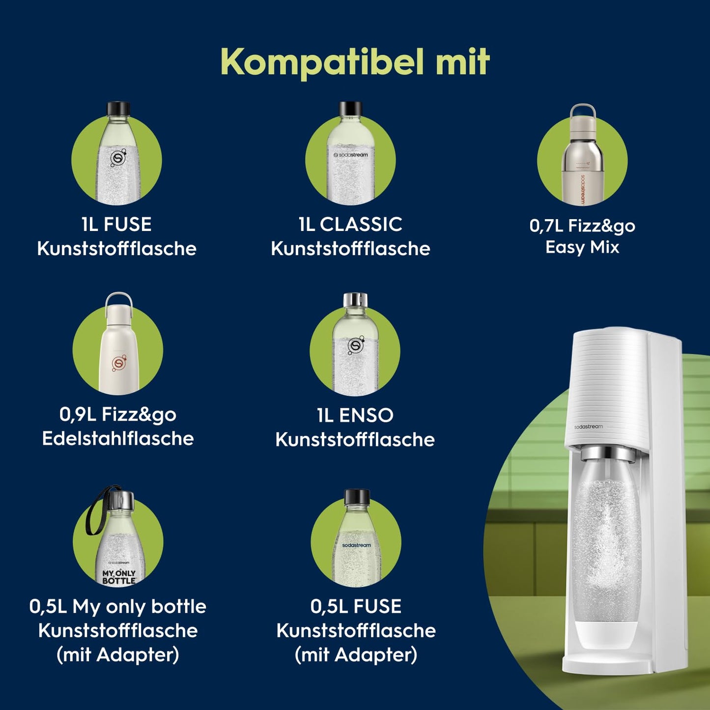 Sodastream water soda maker Terra White Value Pack x 3 with 2 x 1L bottles and 1 x 1/2L bottle dishwasher safe and 1 x CO2 Quick Connect cylinder for up to 60L - 2270213