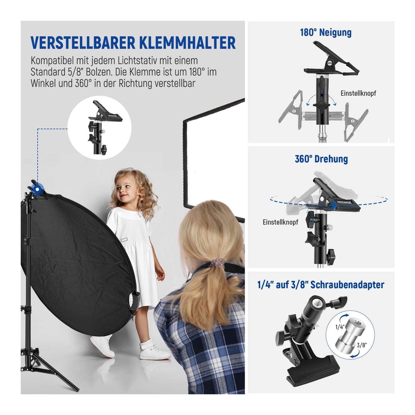 NEEWER 80cm 5-in-1 Light Reflector with Clamp and Handles, Polyester Multi-Disc Photography Diffuser, Translucent/Silver/Gold/White/Black, 3/8" Thread, for Studio and Outdoor Lighting, RF-80II - 90101122