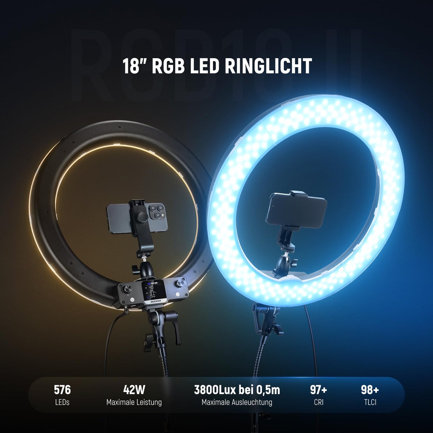 NEEWER 18" RGB LED Ring Light APP Control with Stand and Phone Holder, 42W Dimmable, 2500-10,000K, GM ± 50 Bi Color, CRI97+/TLCI98+, 360° Full Color, 18 Scenes for Selfie, TikTok, Vlog, RGB18 II - 10103392