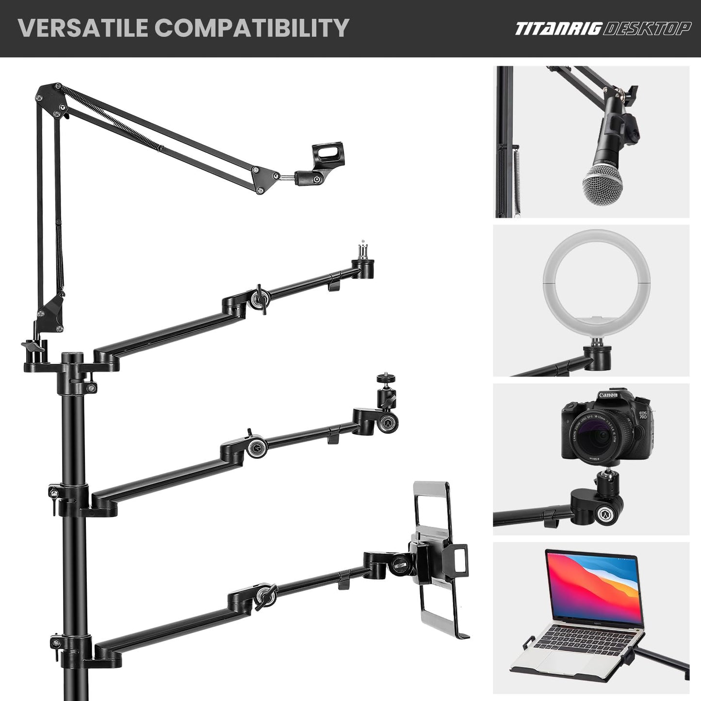 TARION table tripod camera overhead tripod: camera table mount clamp tripod flexible table mount with 4 articulated arms for ring light monitor microphone photography video live streaming titan rig (table set) - TitanRig-Desk