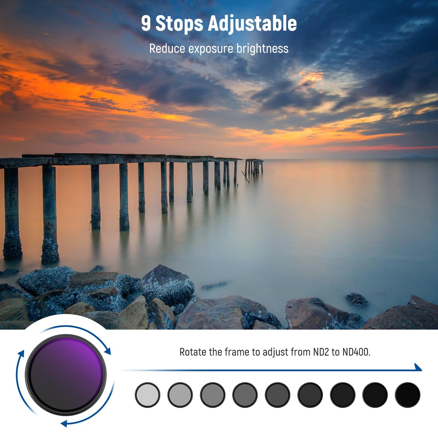 NEEWER 49mm ND2-400 (1-9 Stop) Variable ND Filter with Lens Cap Lanyard Cleaning Cloth Precise Neutral Density Adjustment Gray Filter Fingerprint Scratch-Resistant Multi-Layer Optical Glass - NW