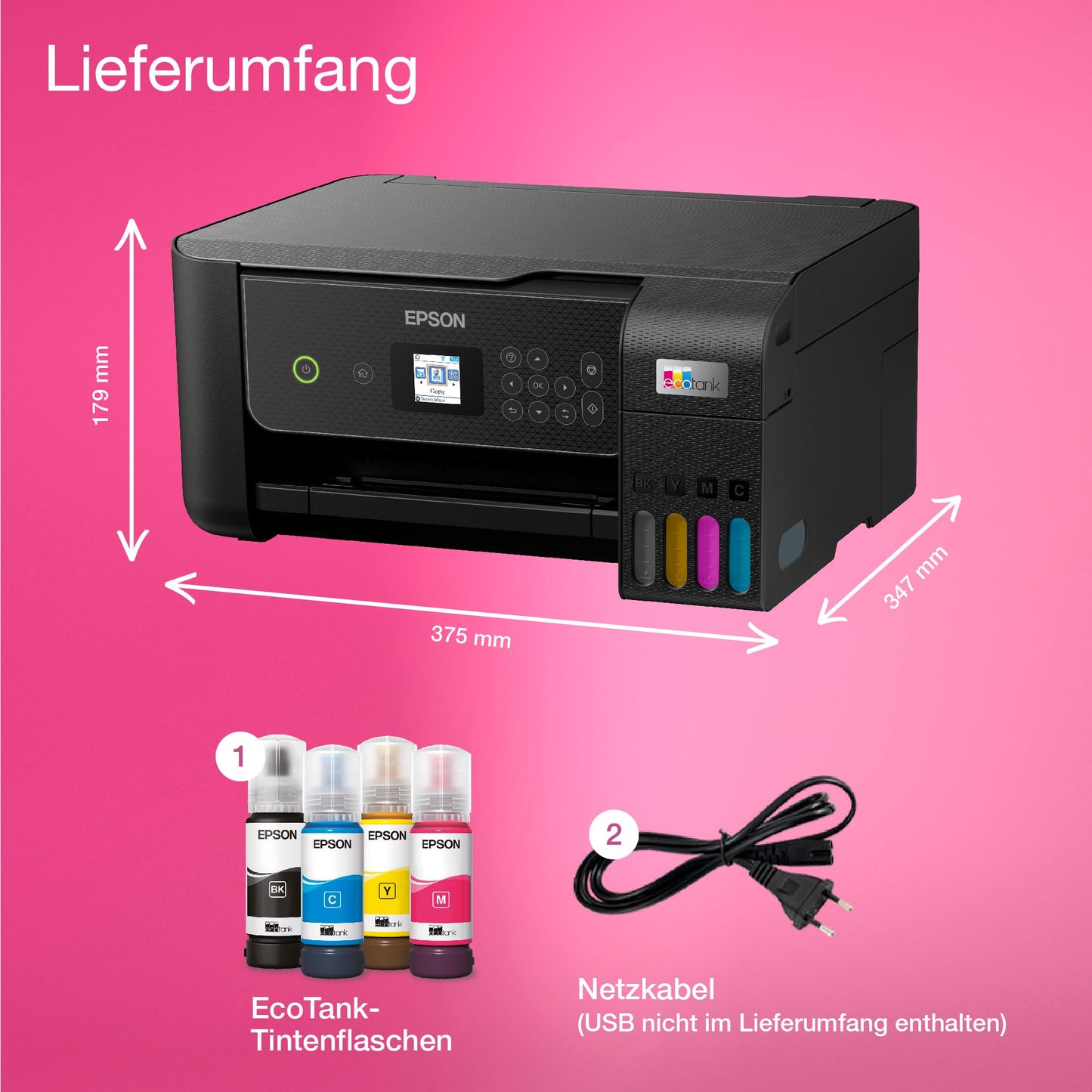 Epson EcoTank ET-2870 ink tank printer | for busy households | WiFi | A4 | Print, Copy, Scan | 3.7 cm LCD display | Includes ink for up to 3 years