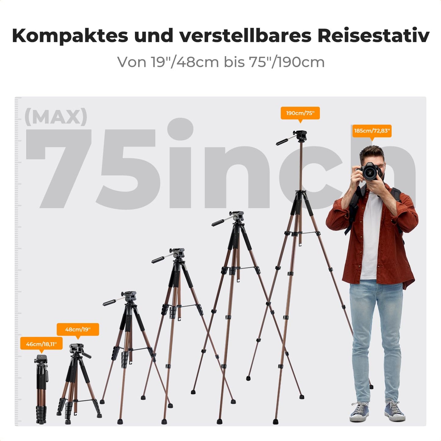 K&F CONCEPT Camera tripod S255A3+BV01, lightweight tripod with bag, 190 cm mobile phone tripod, tripod for Canon Nikon Sony camera/DSLR/camcorder, tripod for smartphone, travel tripod with mobile phone tablet holder (gold) - KF09.156