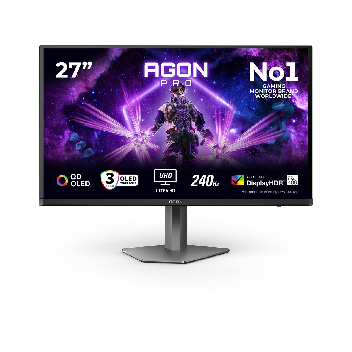 AOC AG276UZD 27 inch UHD USB Hub Gaming Monitor, 240Hz, QD-OLED Panel, 0.03ms GtG, Adaptive Sync, HDR400 TrueBlack, G-Sync Comp., ajustare pe înălțime, difuzoare, (3840x2160 HDMI 2x 2.1 DP 1x 2.1) Negru