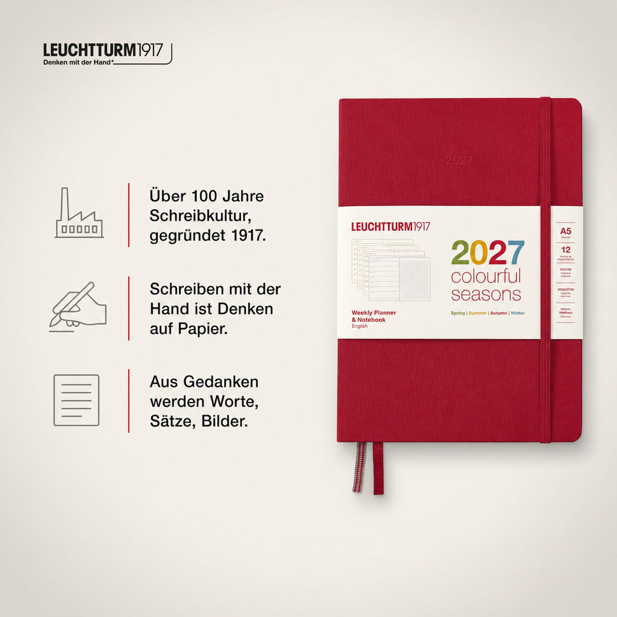 LEUCHTTURM1917 Calendar săptămânal și caiet cu punct mediu (A5) 2027, anotimpuri colorate roșu, engleză, cartonat, prezentare generală a calendarului 2026/2027/2028, prezentare generală a planificării 01.27-12.28, planificator de proiecte, buzunar