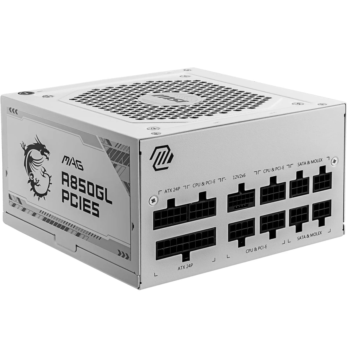 MSI MAG A850GL PCIE5 White Sursă de alimentare, 850W, 80 Plus Gold, complet modulară, ATX 3.0, suport pentru GPU PCIe 5.0, ventilator de 120mm FDB, Full-Bridge LLC, cabluri plate negre. - 306-7ZP8A24-CE0